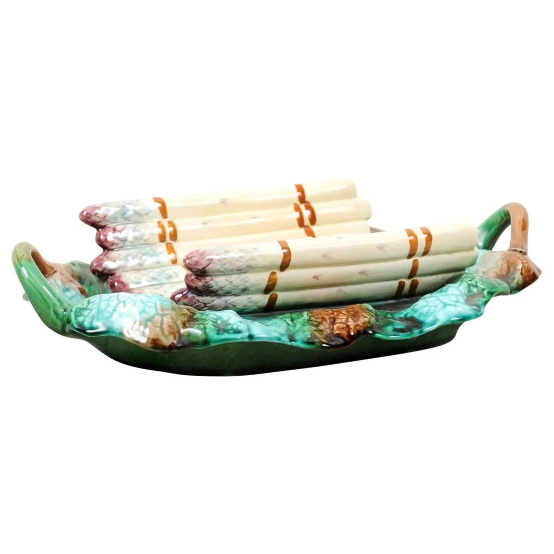 French 19th Century Longchamp Majolica Asparagus Server with Foliage Platter - 13