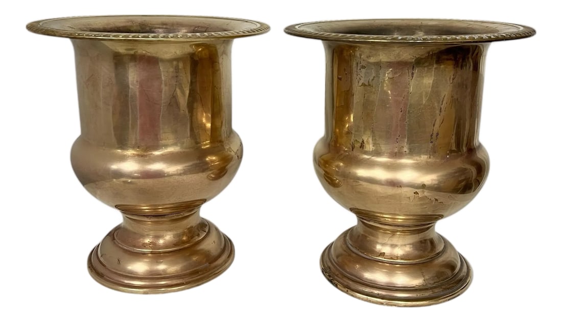 Vintage Handmade Brass Wine Chiller - A Pair: Vintage handmade brass wine chiller urns. Definite hand made appearance with slight edges in the roundness. Measures 9" diameter x 10" h, interior is 6" diameter x 7" h. Minor tarnish. Condition: