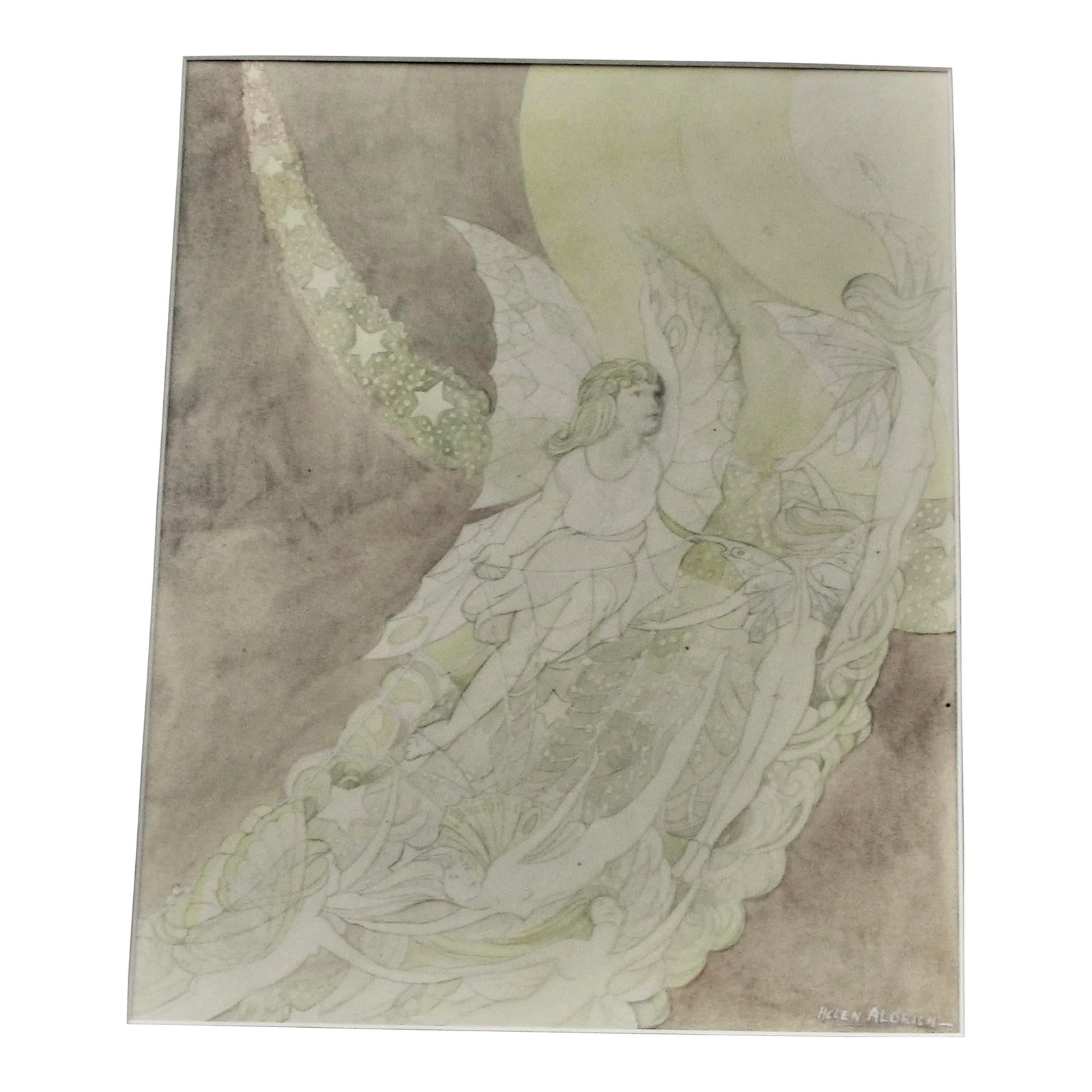 Drawing and Watercolor by Helen Alrich Swenson Circa 1940-50s: Helen Aldrich Swenson died 1955. American. A drawing of a winged fairy and a cluster of fairies flying in the sky with stars swirling. An illustration of fables and tales of the Fairy world. The