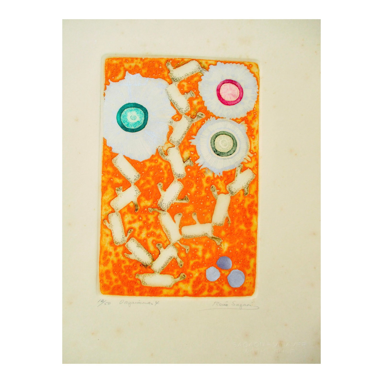 Rone Sugami Etching 12/50 Organism 4: An abstraction designed from the microscopic life. Pattern,color, and rich textures are the themes. The edition of 50 from Sugami circa late 20th. Signed to the lower right and edition on the left