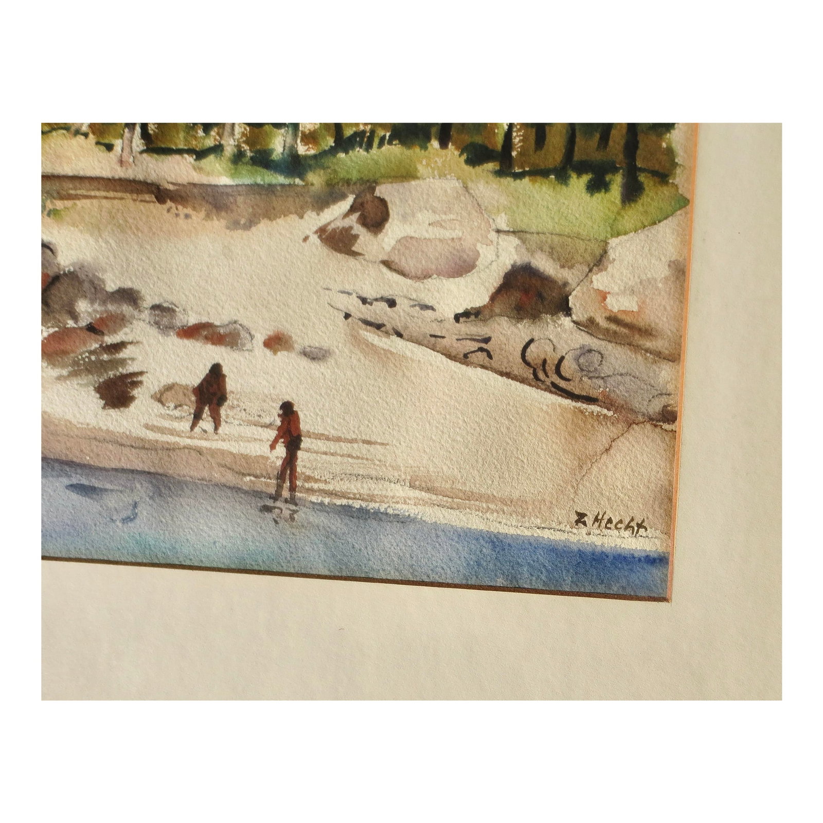 Watercolor by Zoltan Hecht Circa 1930s: Zoltan Hecht (1890 -1968) was active/lived in New York / Hungary. early 20th century watercolor by hecht of figures on a riverbank. Modernist artist and painter of this lovely and lively view of