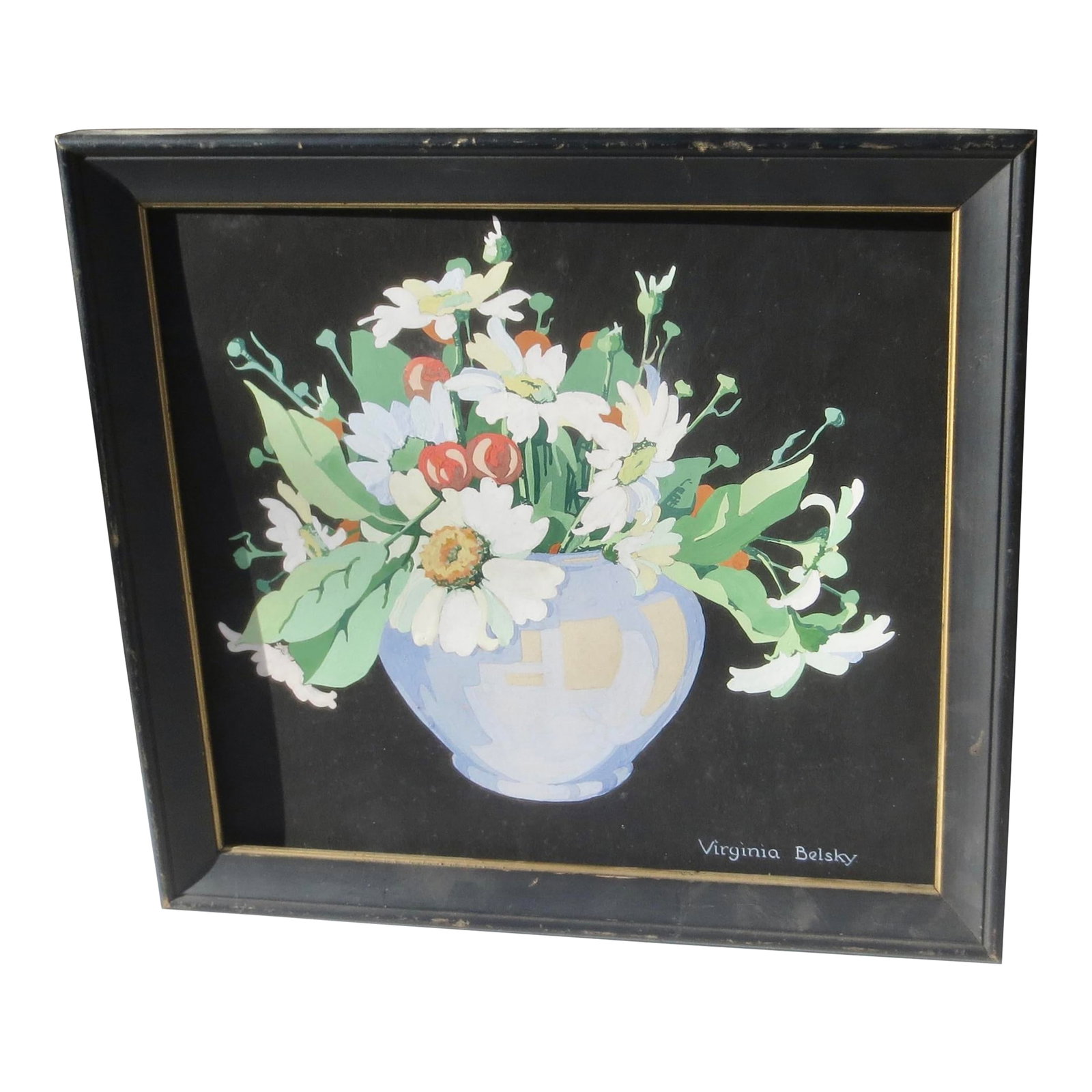 SilkScreen Still-Life by Virginia Belsky: Wonderful print and color scheme by Virginia Belsky in the Art Deco style of the early 20th century. Color palette is great. Daisies and bowl. The composition is strong. Wooden frame and under glass.