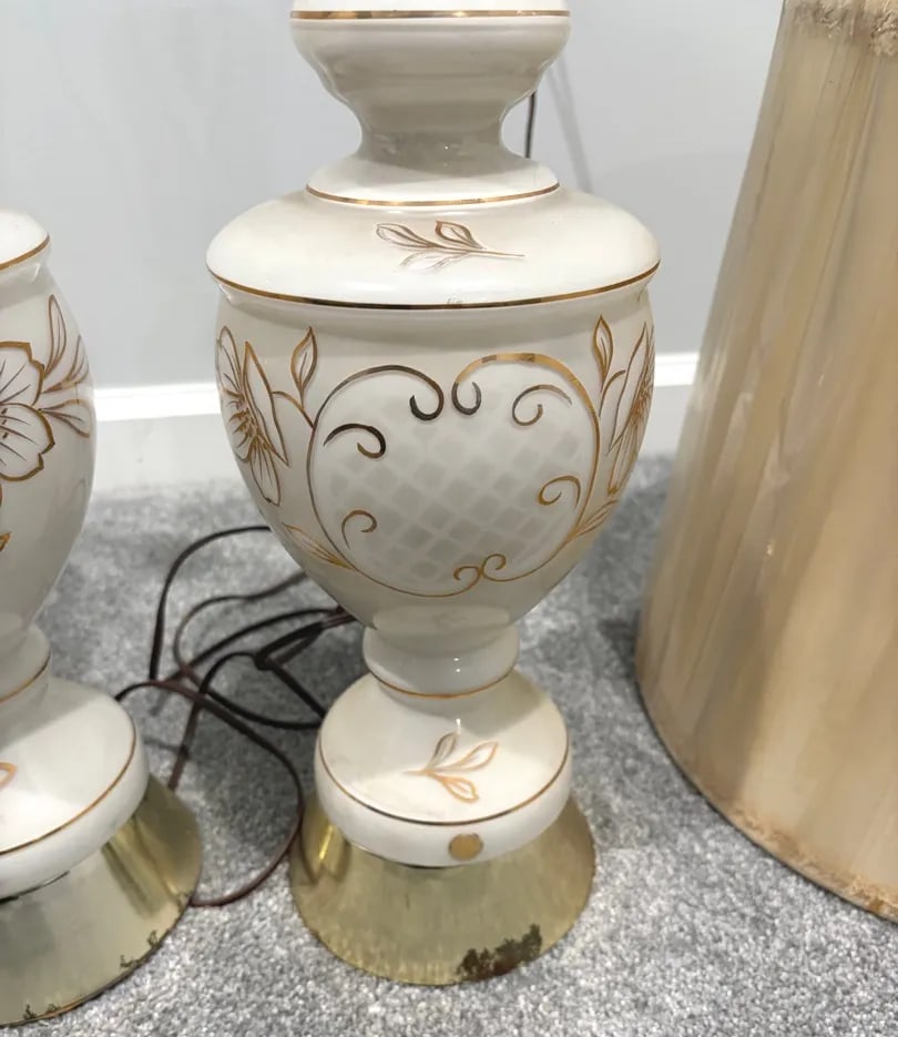 Vintage West Germany MCM Table Lamps - Pair With Shades - White Satin Glass Gold Floral - 11