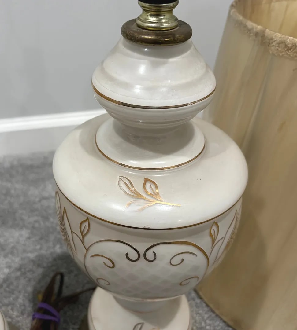 Vintage West Germany MCM Table Lamps - Pair With Shades - White Satin Glass Gold Floral - 9