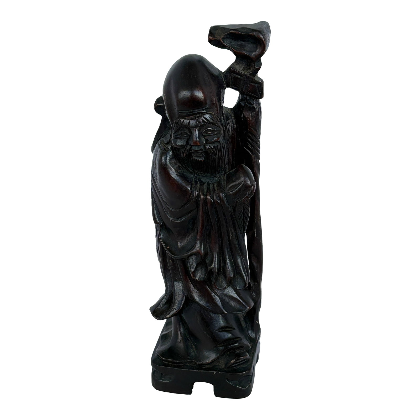 Chinese Wooden Carving Figurine of Shou Lao: Wooden carving of Shou Lao, the Chinese god of longevity. Commonly given as birthday, particularly to elders, to wish them a long and healthy life. Condition: Alterations: Original Condition