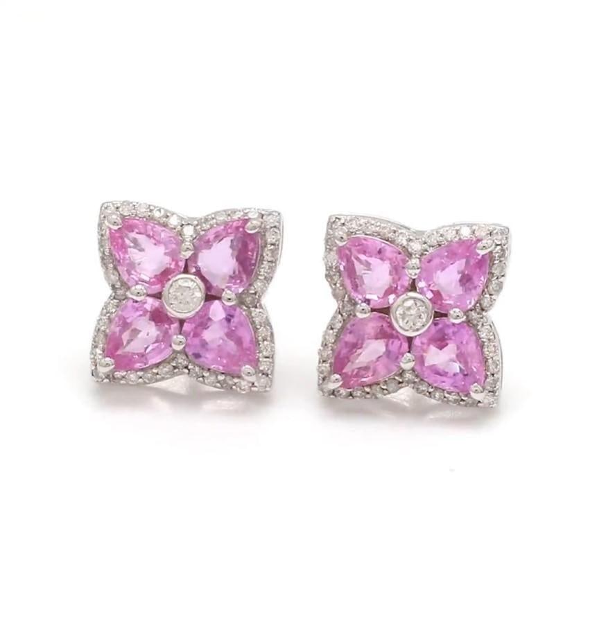 3.16 cts Natural pink sapphire & 0.39 cts diamond earrings in 18k gold - 7