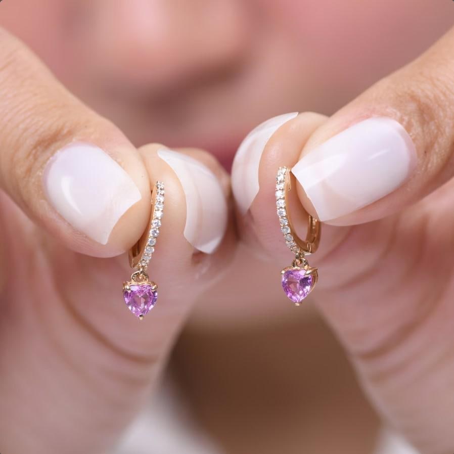 0.73 cts Natural heart pink sapphire and 0.12 cts diamond earrings in 18k gold - 10
