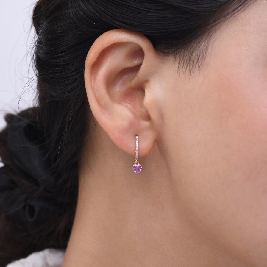 0.73 cts Natural heart pink sapphire and 0.12 cts diamond earrings in 18k gold - 12