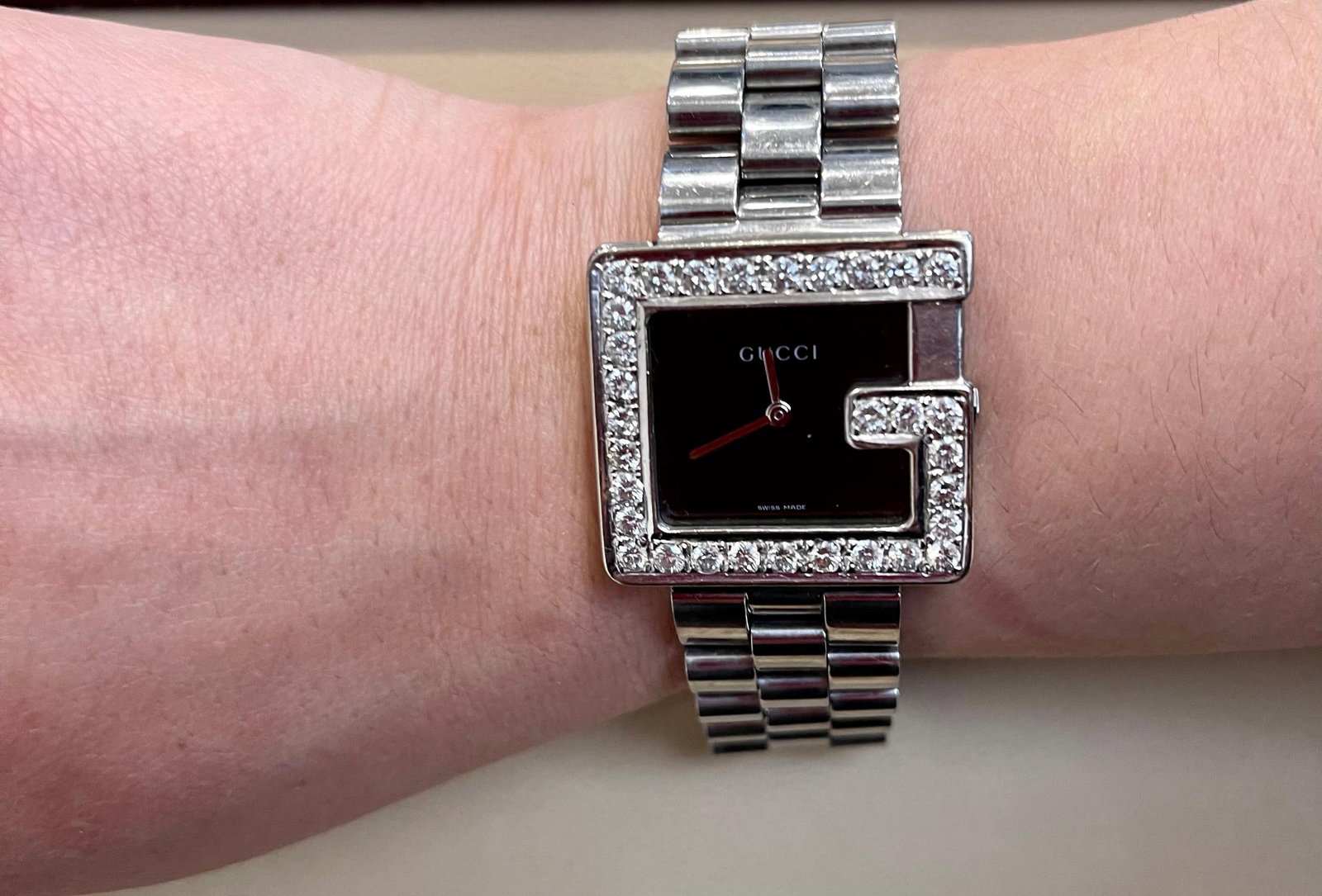Gucci 100M Steel Rectangular Custom Diamond G-Bezel Black Dial Unisex Watch - 12