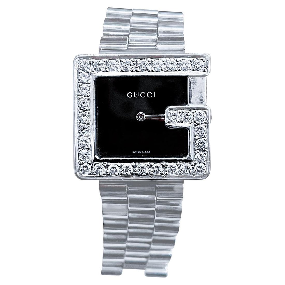 Gucci 100M Steel Rectangular Custom Diamond G-Bezel Black Dial Unisex Watch - 15