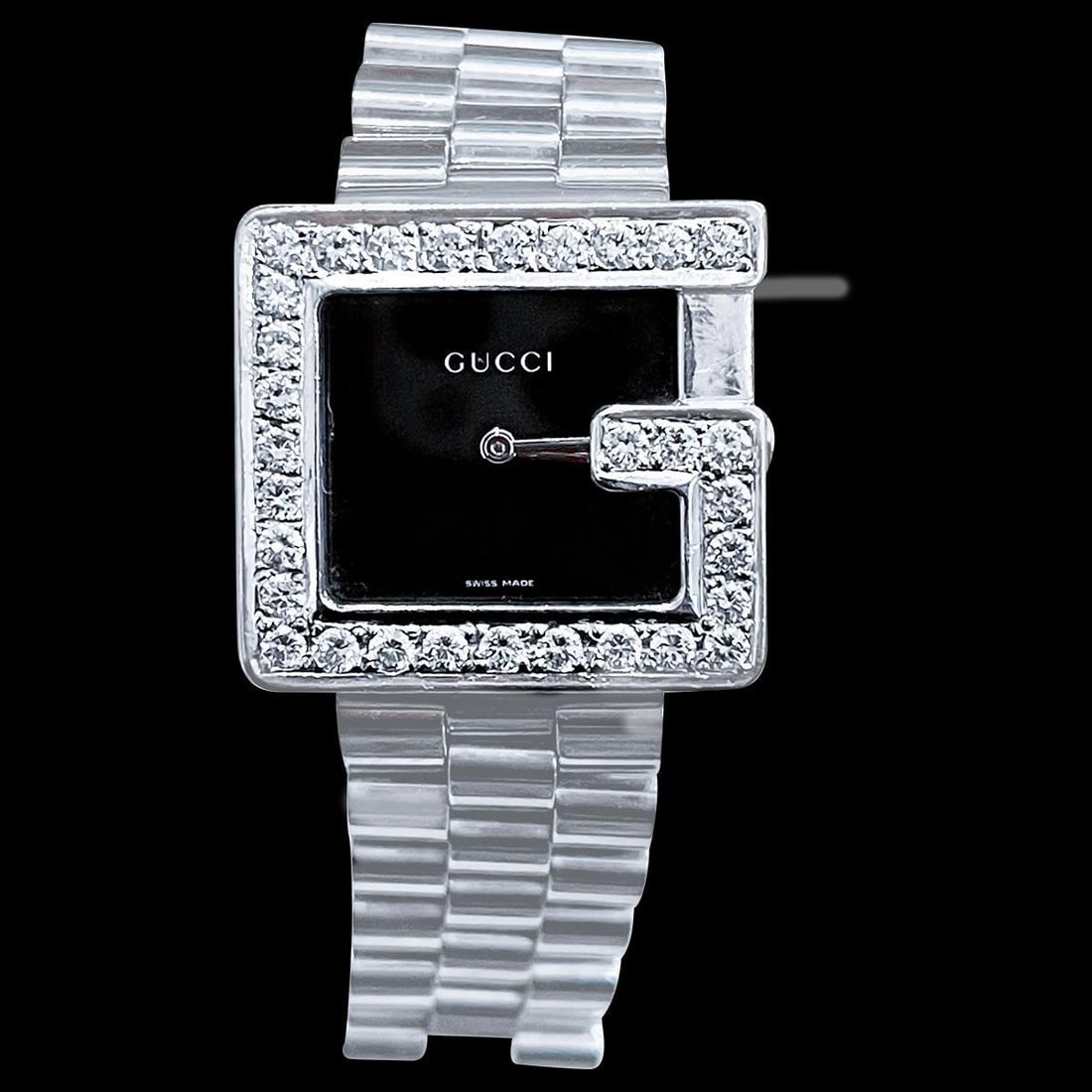 Gucci 100M Steel Rectangular Custom Diamond G-Bezel Black Dial Unisex Watch - 16