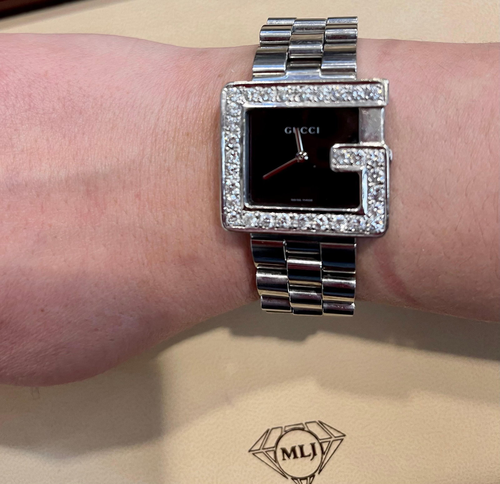 Gucci 100M Steel Rectangular Custom Diamond G-Bezel Black Dial Unisex Watch - 18