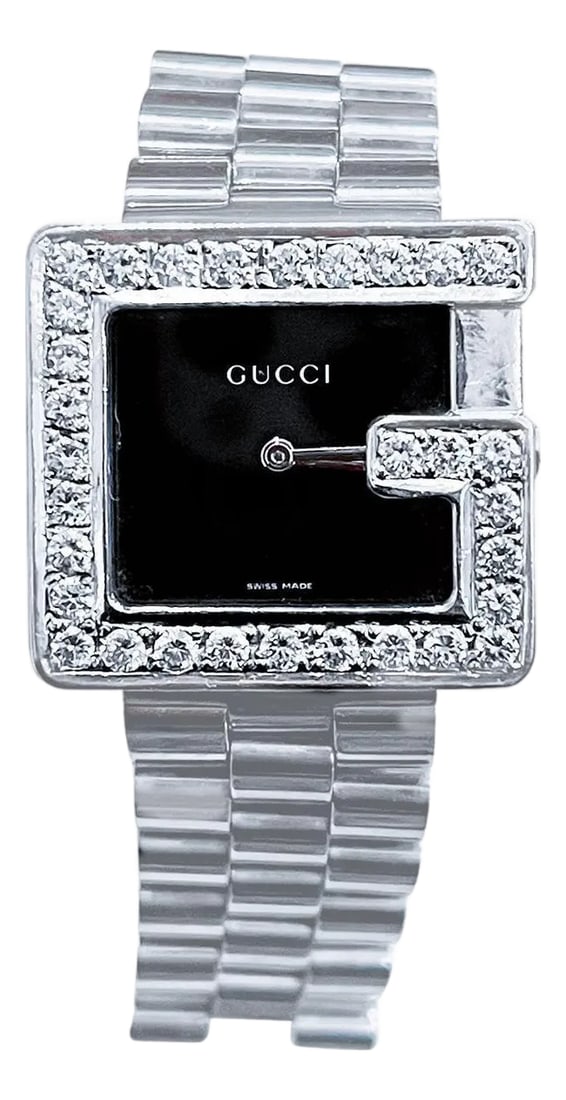 Gucci 100M Steel Rectangular Custom Diamond G-Bezel Black Dial Unisex Watch (1 of 18)