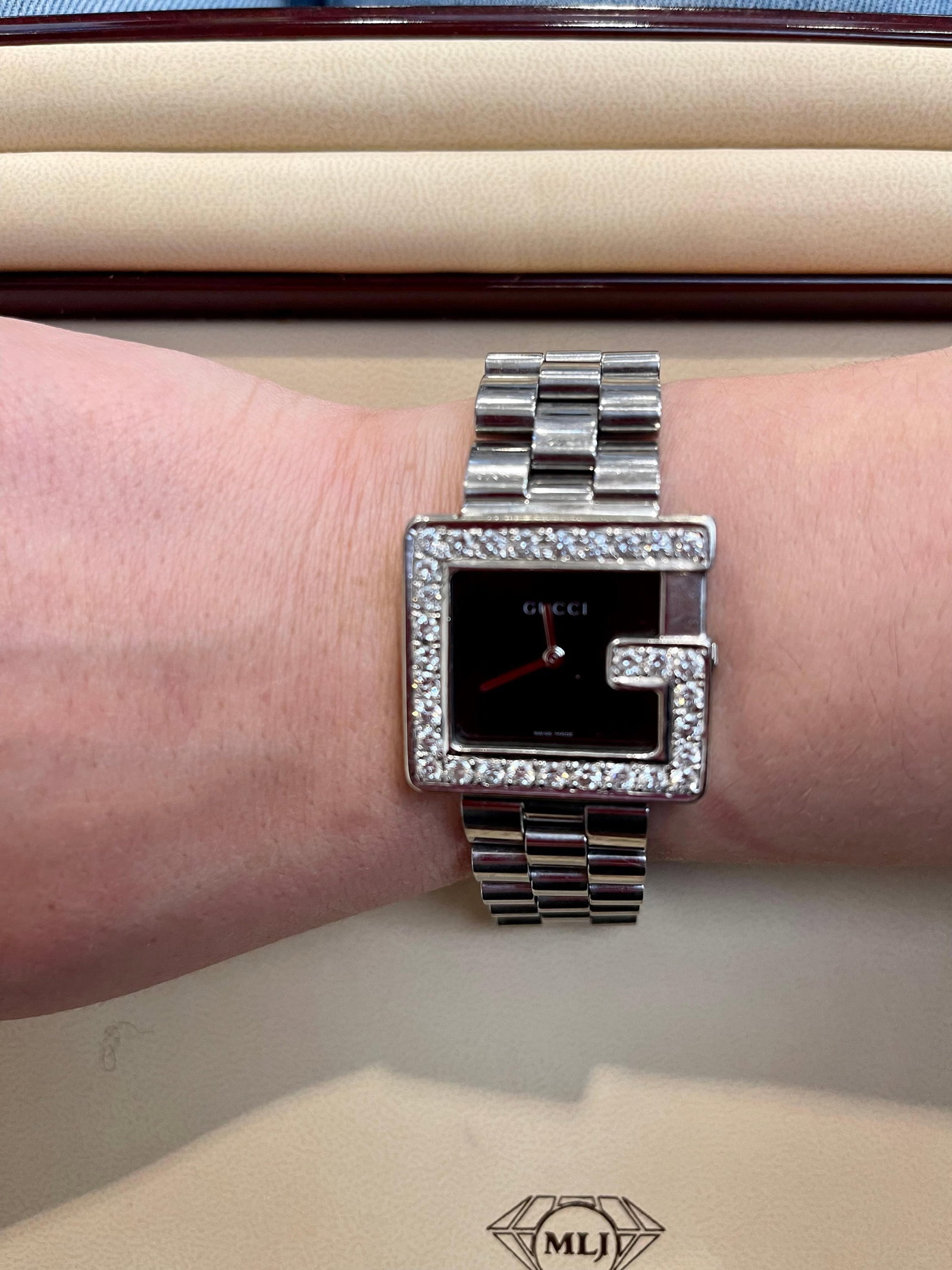 Gucci 100M Steel Rectangular Custom Diamond G-Bezel Black Dial Unisex Watch - 6