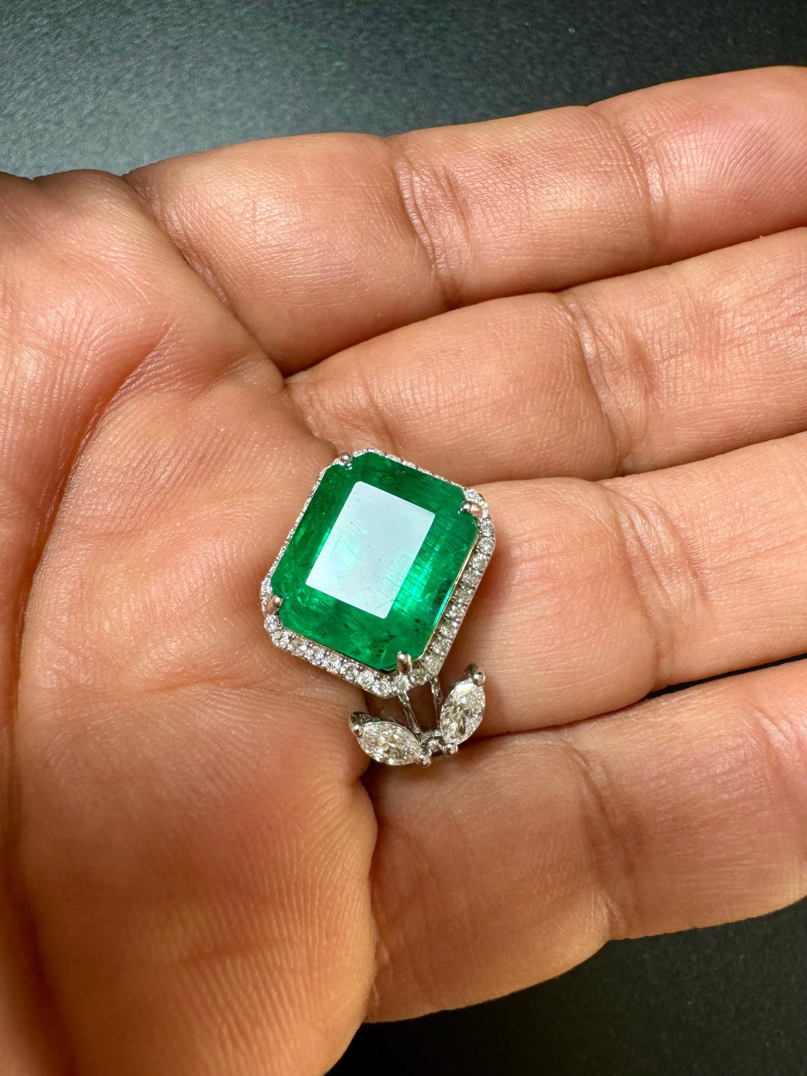 8.41 Ct Emerald Cut Emerald & 0.53 Ct Diamond Bypass Ring in 18 Kt Gold Size 6.5 - 10