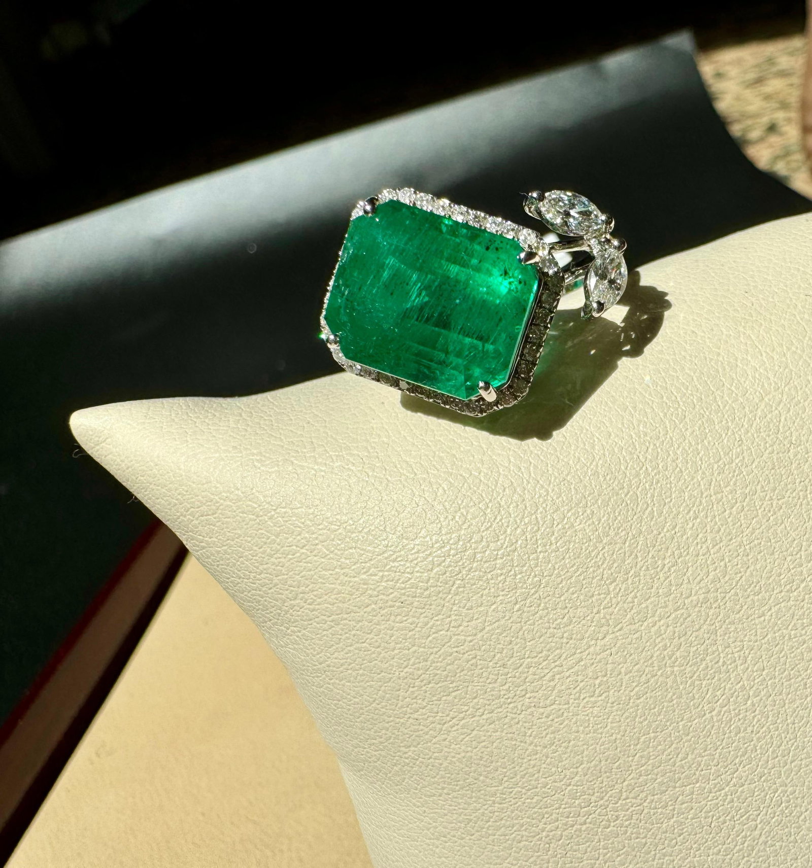 8.41 Ct Emerald Cut Emerald & 0.53 Ct Diamond Bypass Ring in 18 Kt Gold Size 6.5 - 12