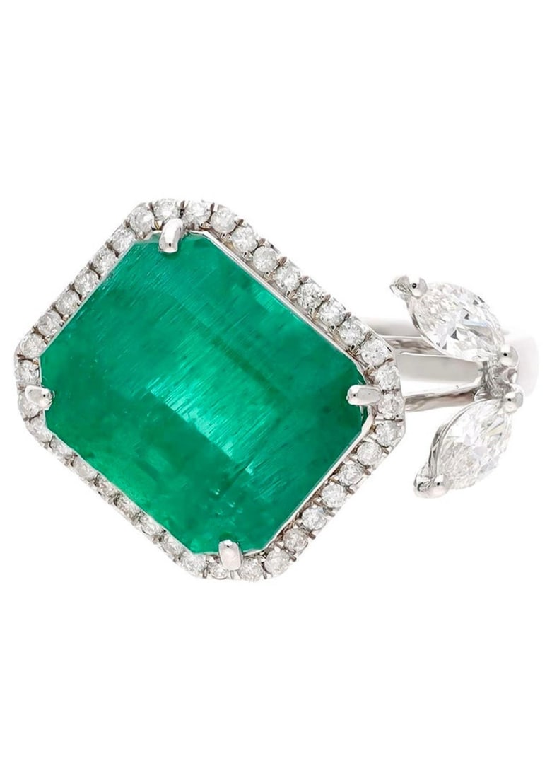 8.41 Ct Emerald Cut Emerald & 0.53 Ct Diamond Bypass Ring in 18 Kt Gold Size 6.5 - 14