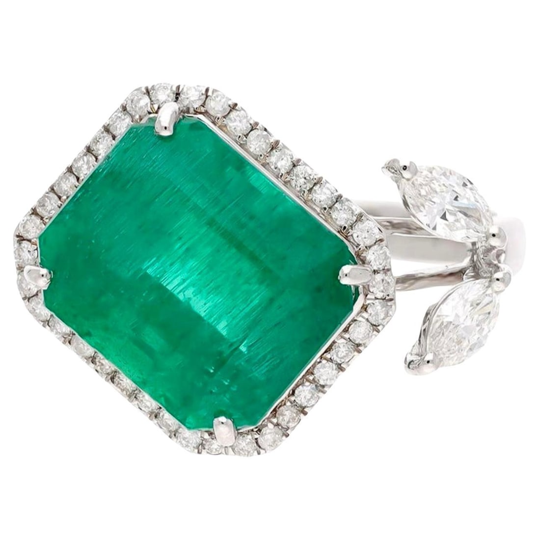 8.41 Ct Emerald Cut Emerald & 0.53 Ct Diamond Bypass Ring in 18 Kt Gold Size 6.5 - 15
