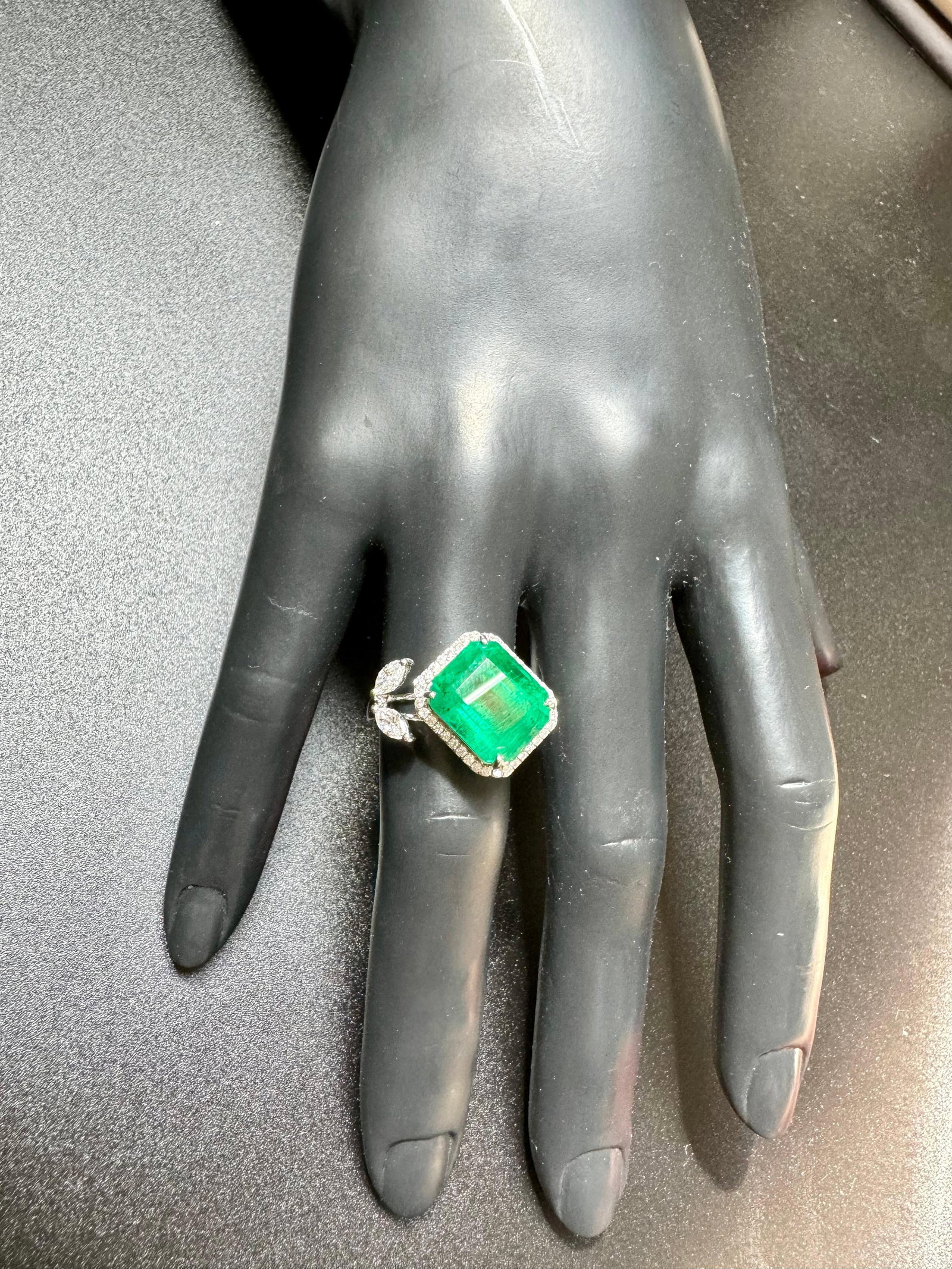 8.41 Ct Emerald Cut Emerald & 0.53 Ct Diamond Bypass Ring in 18 Kt Gold Size 6.5 - 17