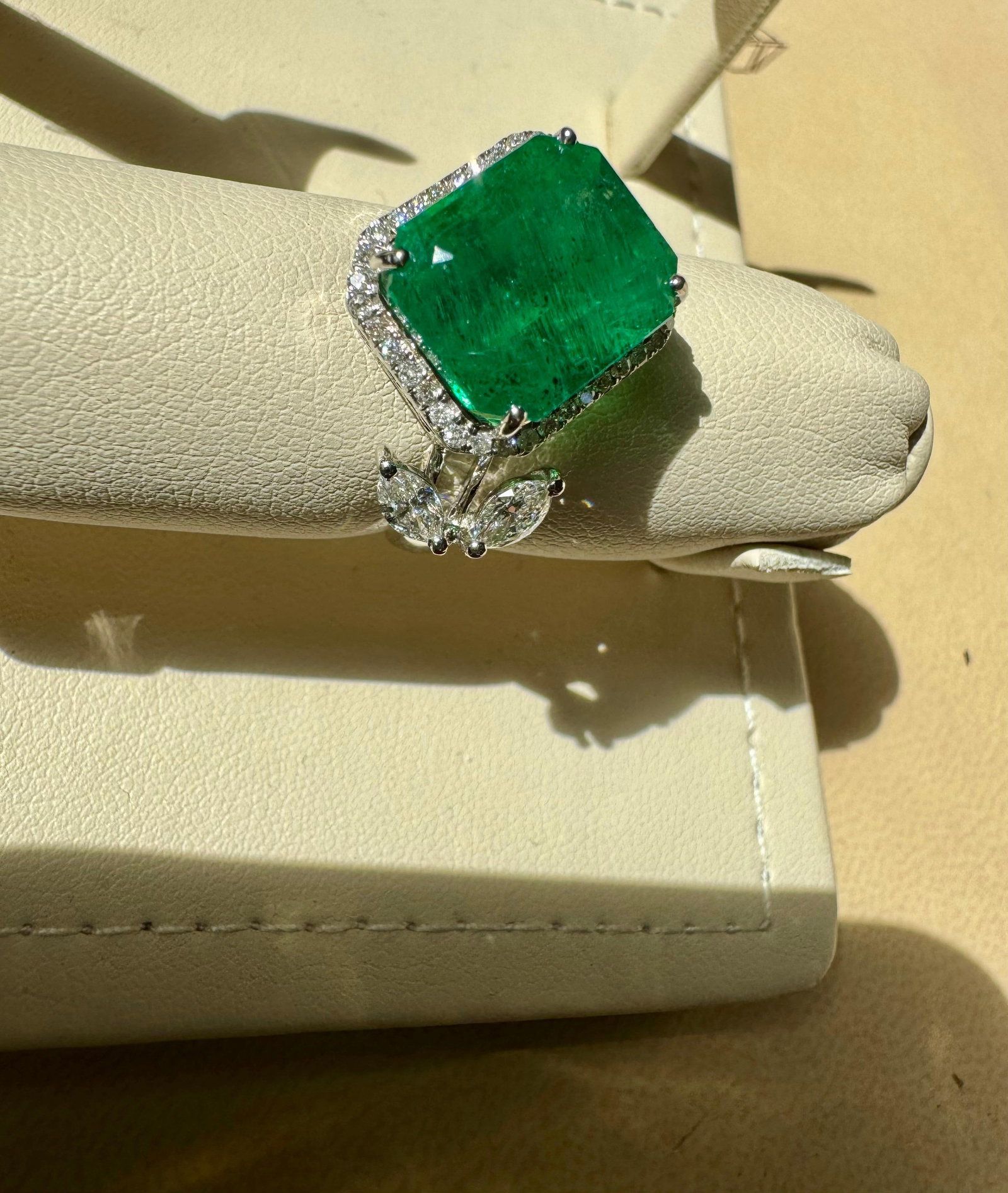 8.41 Ct Emerald Cut Emerald & 0.53 Ct Diamond Bypass Ring in 18 Kt Gold Size 6.5 - 4