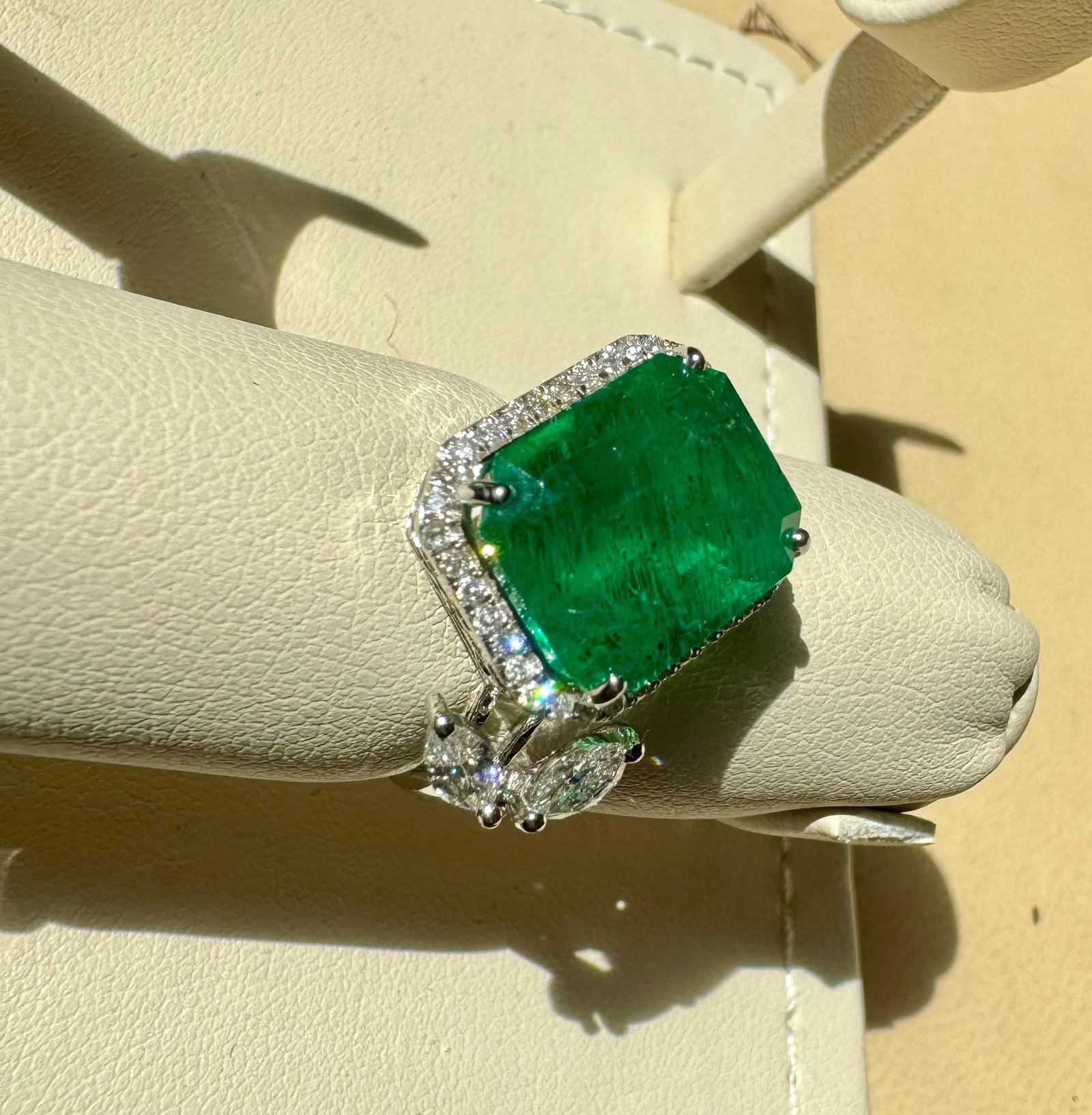 8.41 Ct Emerald Cut Emerald & 0.53 Ct Diamond Bypass Ring in 18 Kt Gold Size 6.5 - 7