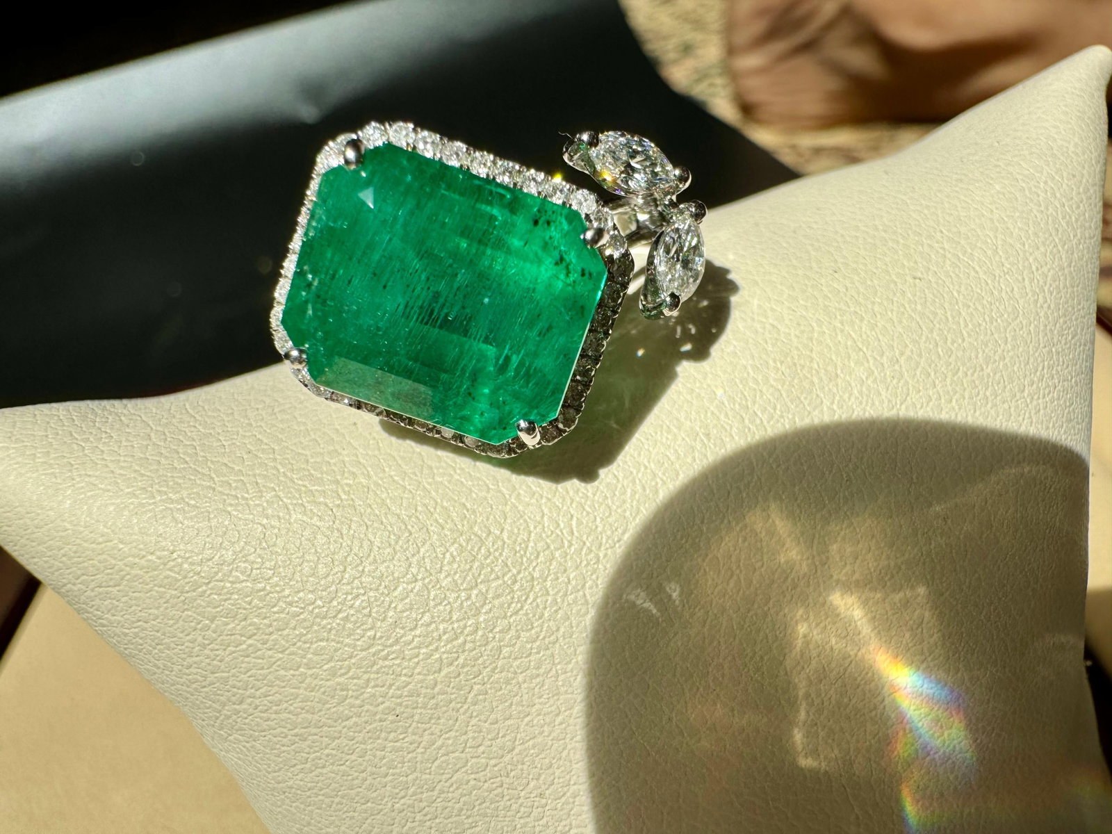8.41 Ct Emerald Cut Emerald & 0.53 Ct Diamond Bypass Ring in 18 Kt Gold Size 6.5 - 8