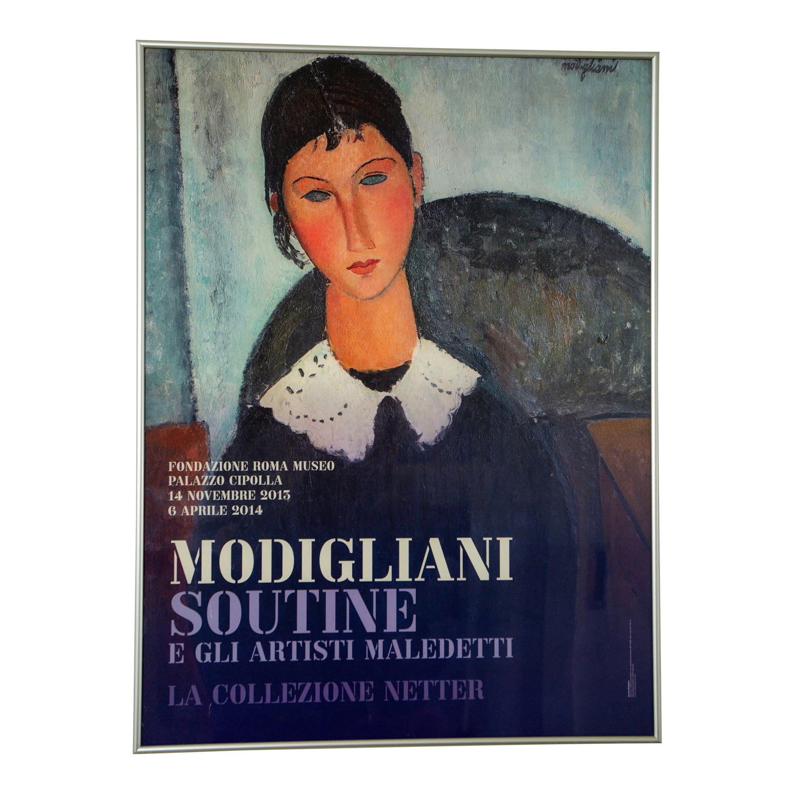Vintage Framed Modigliani Exhibition Poster, Italian Museum Print: Rome 2015 An original vintage exhibition poster featuring Amedeo Modigliani, produced for an Italian museum exhibition and professionally framed. The expressive portrait reproduction and period