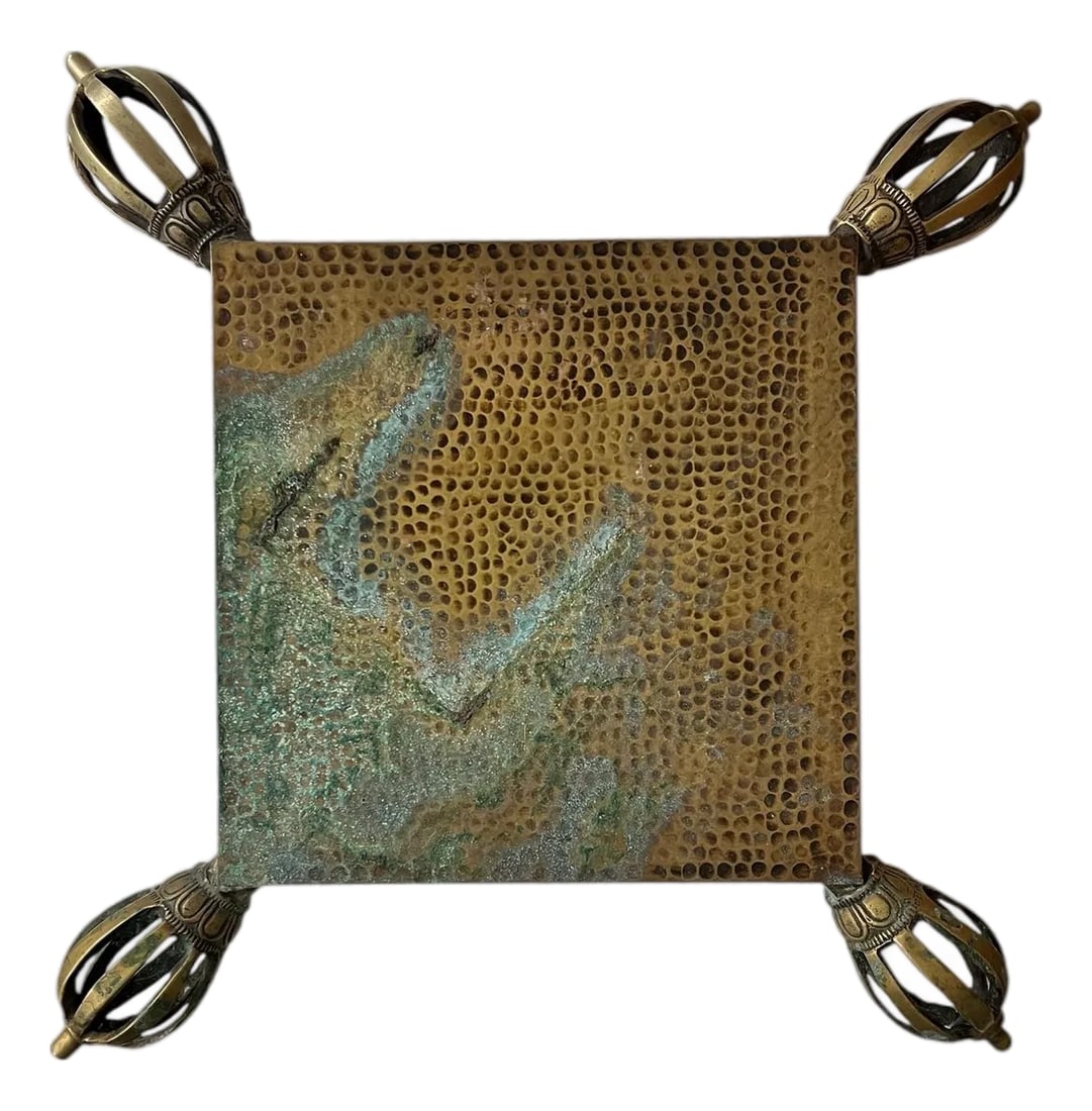 Vintage Rare Hammered Brass With Crown Shaped Feet Plant Stand / Display Pedestal: Vintage rare form regal hammered brass with crown feet plant stand, display stand, or trivet. Overall 13" square, center 8" square. Has lovely patina. Condition: Alterations: Original Condition
