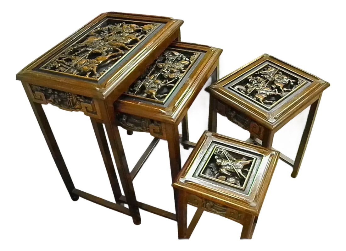 Mid 20th Century Heavily Carved Wood Asian Nesting Tables Set of 4: From a Texas estate of world travelers - the most beautiful nest of tables I have ever seen. The top of each table has a 1Â” deep exquisite carving of men on horseback, with each one a diff