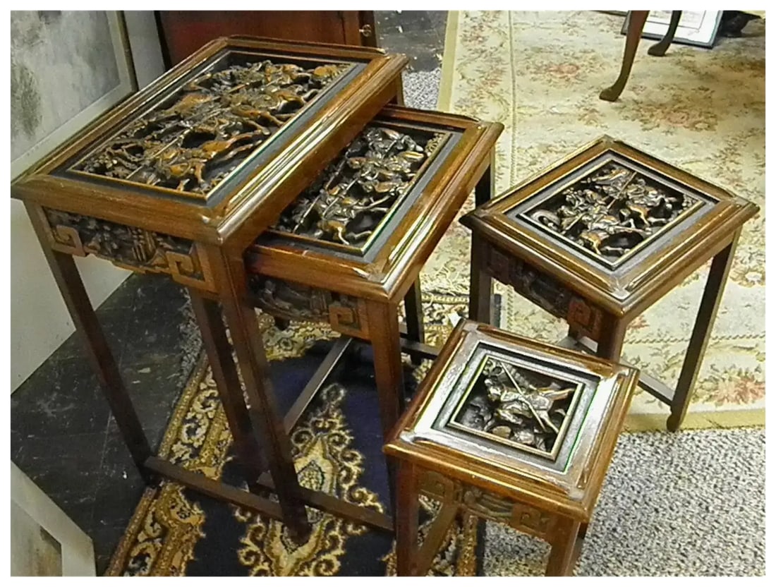 Mid 20th Century Heavily Carved Wood Asian Nesting Tables Set of 4 - 2