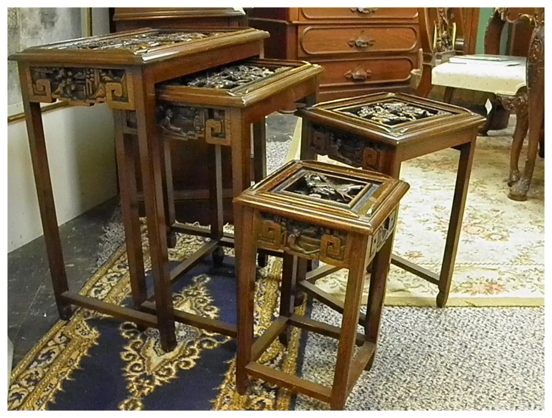 Mid 20th Century Heavily Carved Wood Asian Nesting Tables Set of 4 - 3