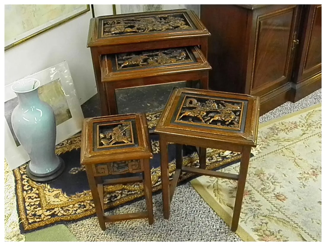 Mid 20th Century Heavily Carved Wood Asian Nesting Tables Set of 4 - 4