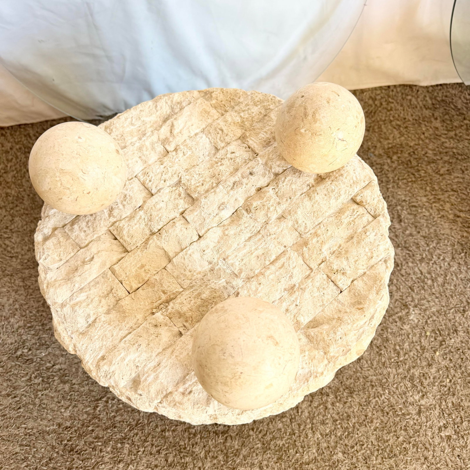 Postmodern Circular Tessellated Stone Glass Top Side Tables - A Pair - 10
