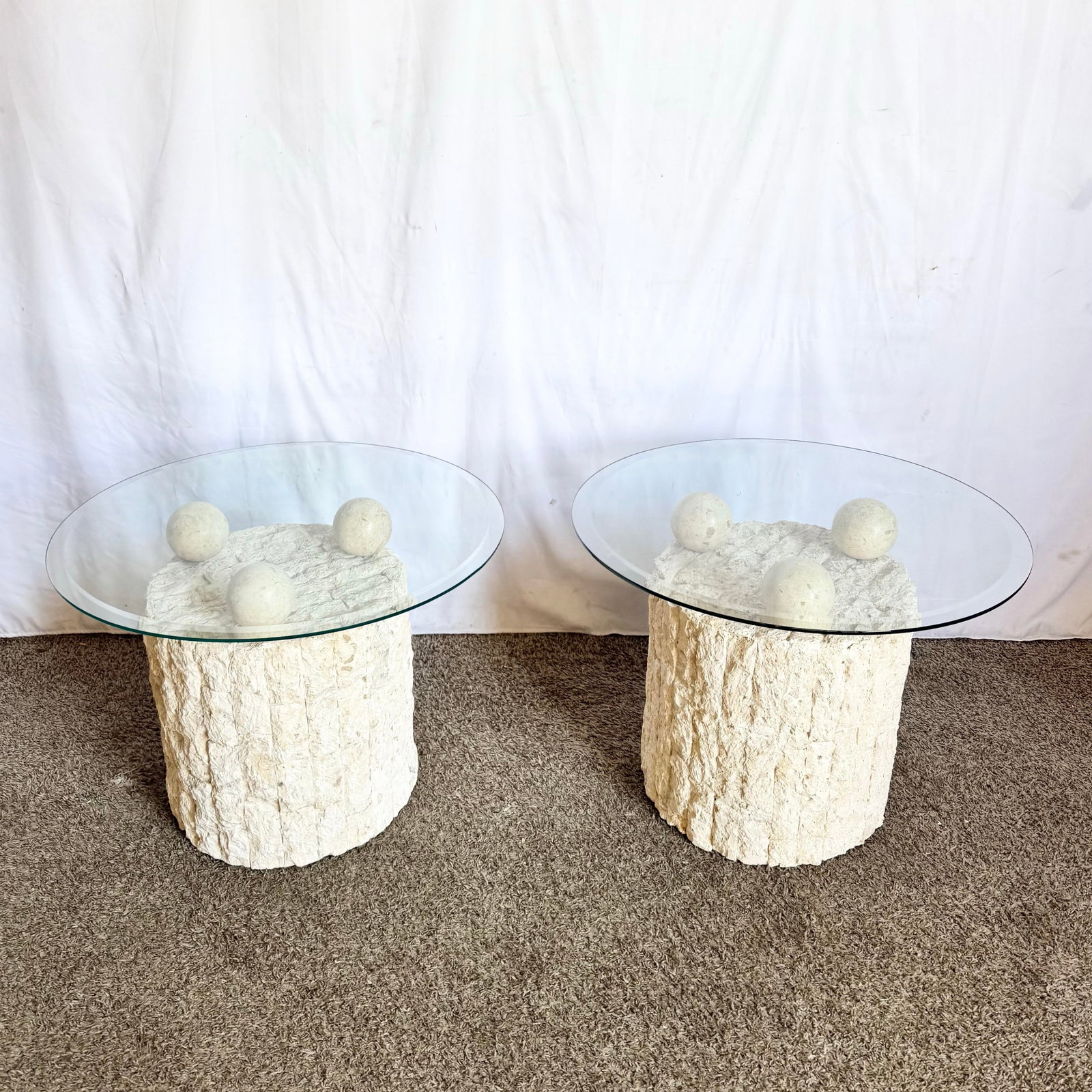 Postmodern Circular Tessellated Stone Glass Top Side Tables - A Pair - 2