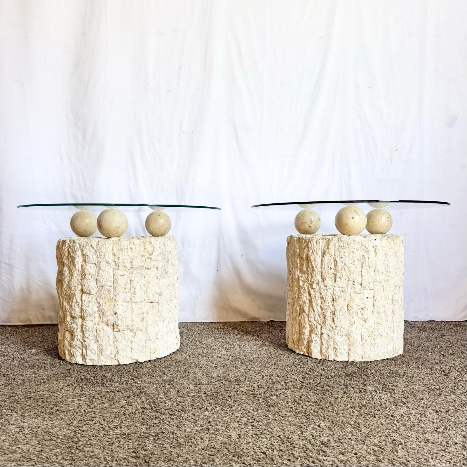 Postmodern Circular Tessellated Stone Glass Top Side Tables - A Pair - 3