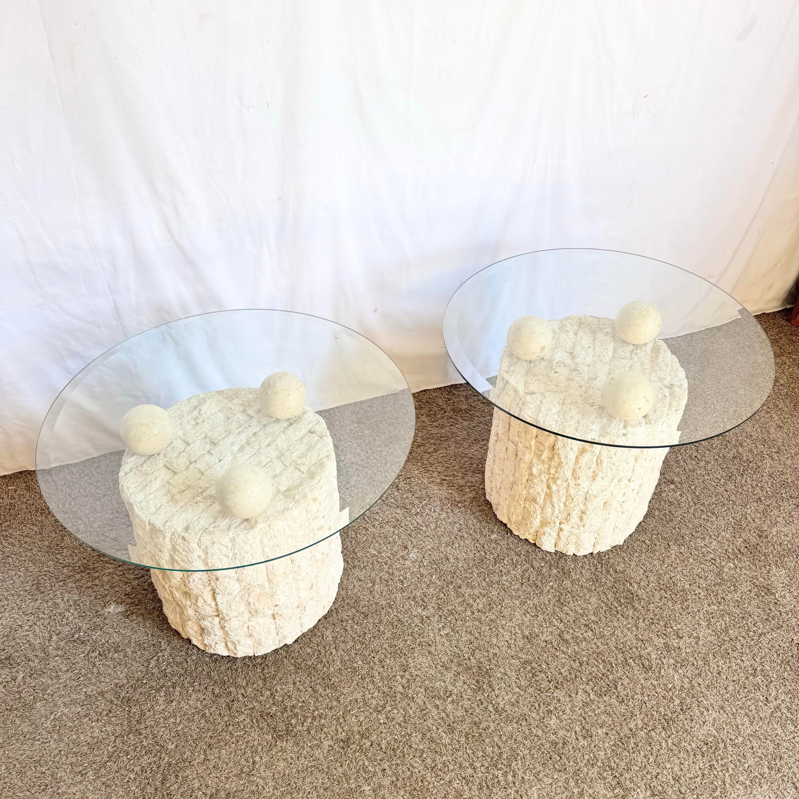 Postmodern Circular Tessellated Stone Glass Top Side Tables - A Pair - 4