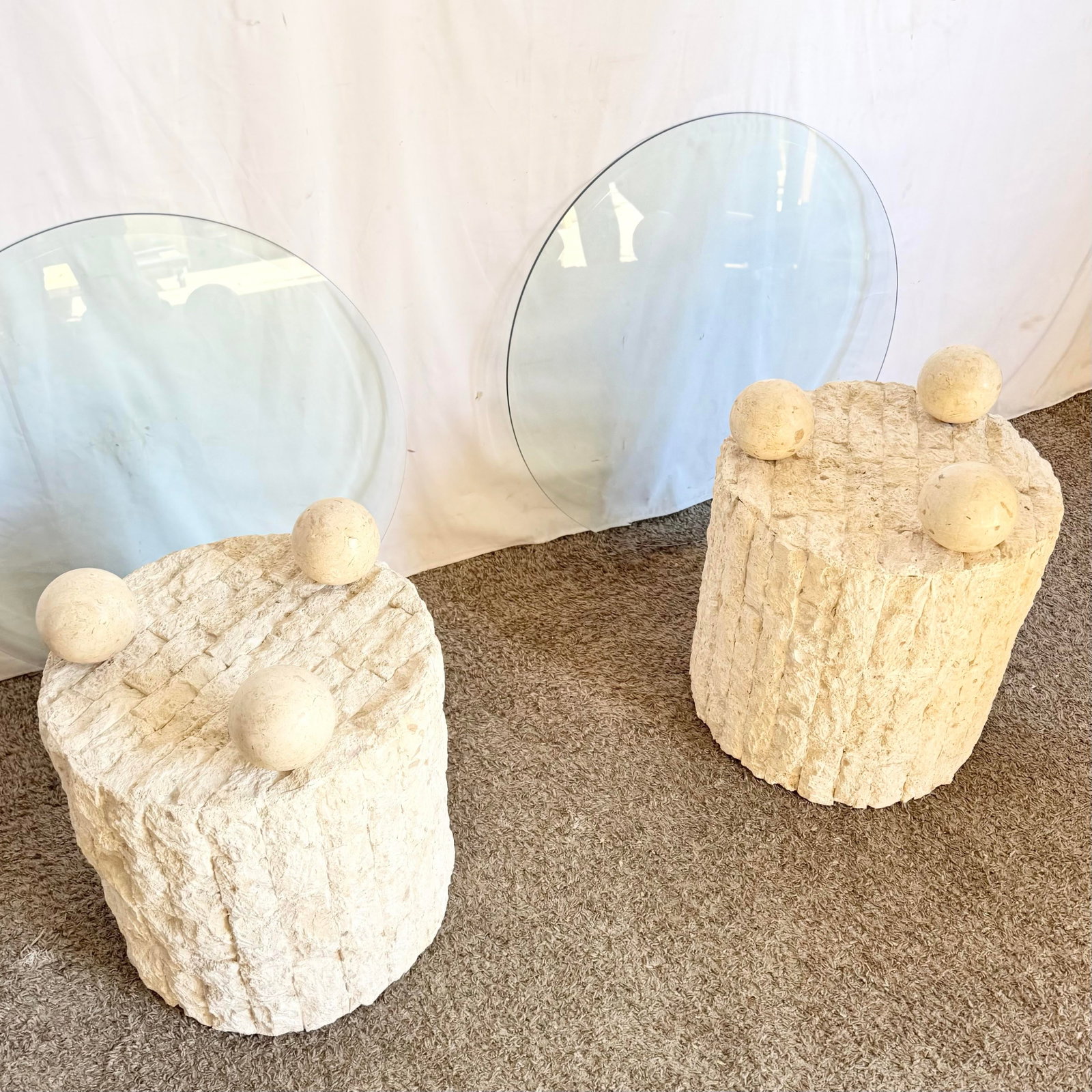 Postmodern Circular Tessellated Stone Glass Top Side Tables - A Pair - 6