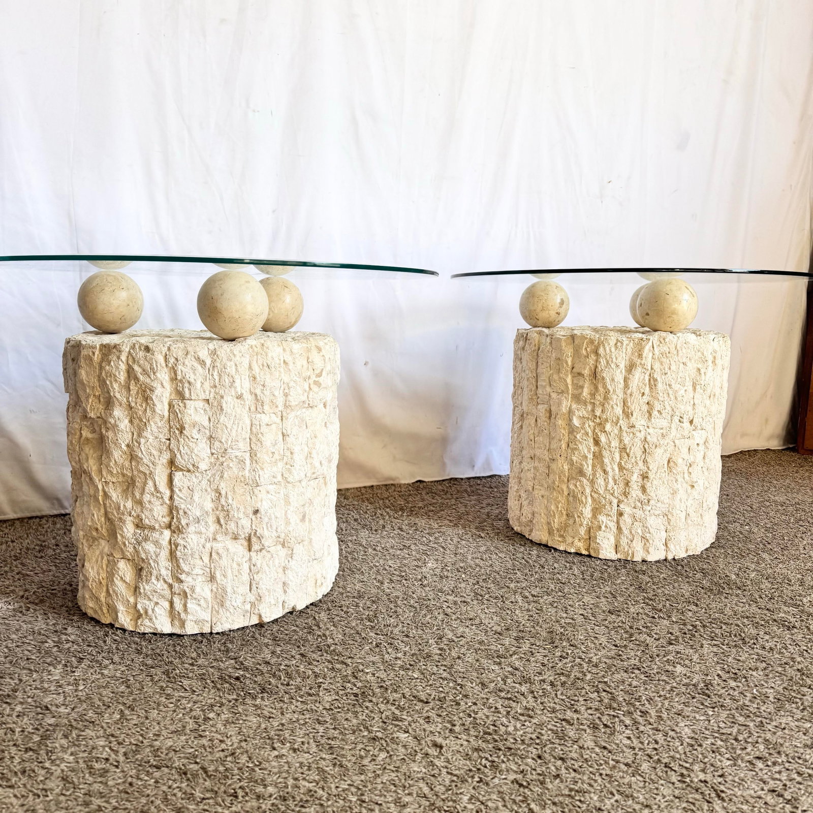 Postmodern Circular Tessellated Stone Glass Top Side Tables - A Pair - 7