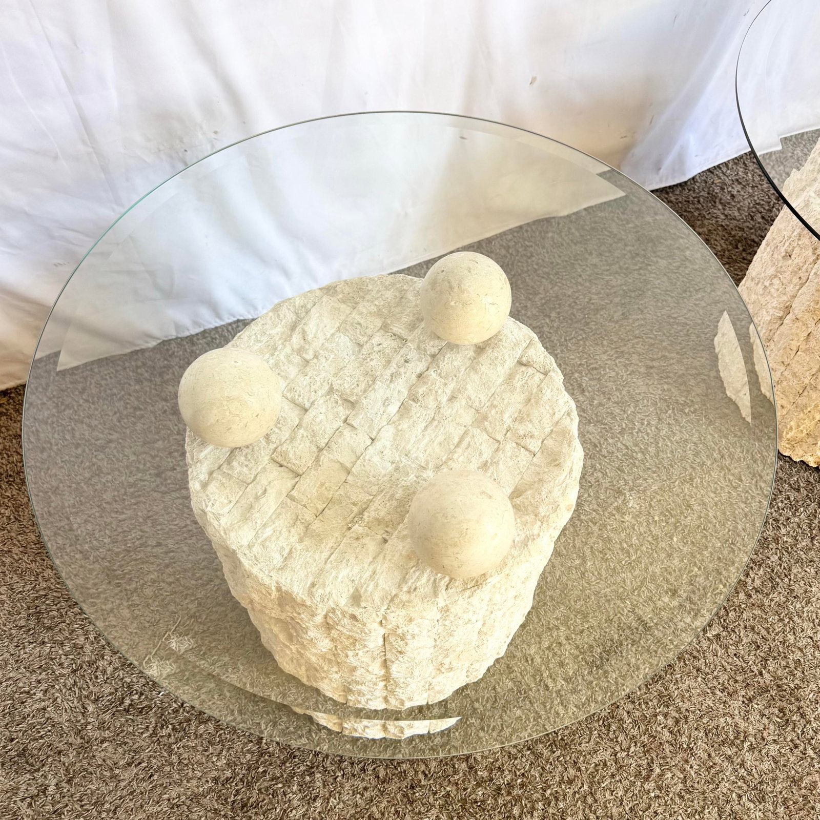 Postmodern Circular Tessellated Stone Glass Top Side Tables - A Pair - 8