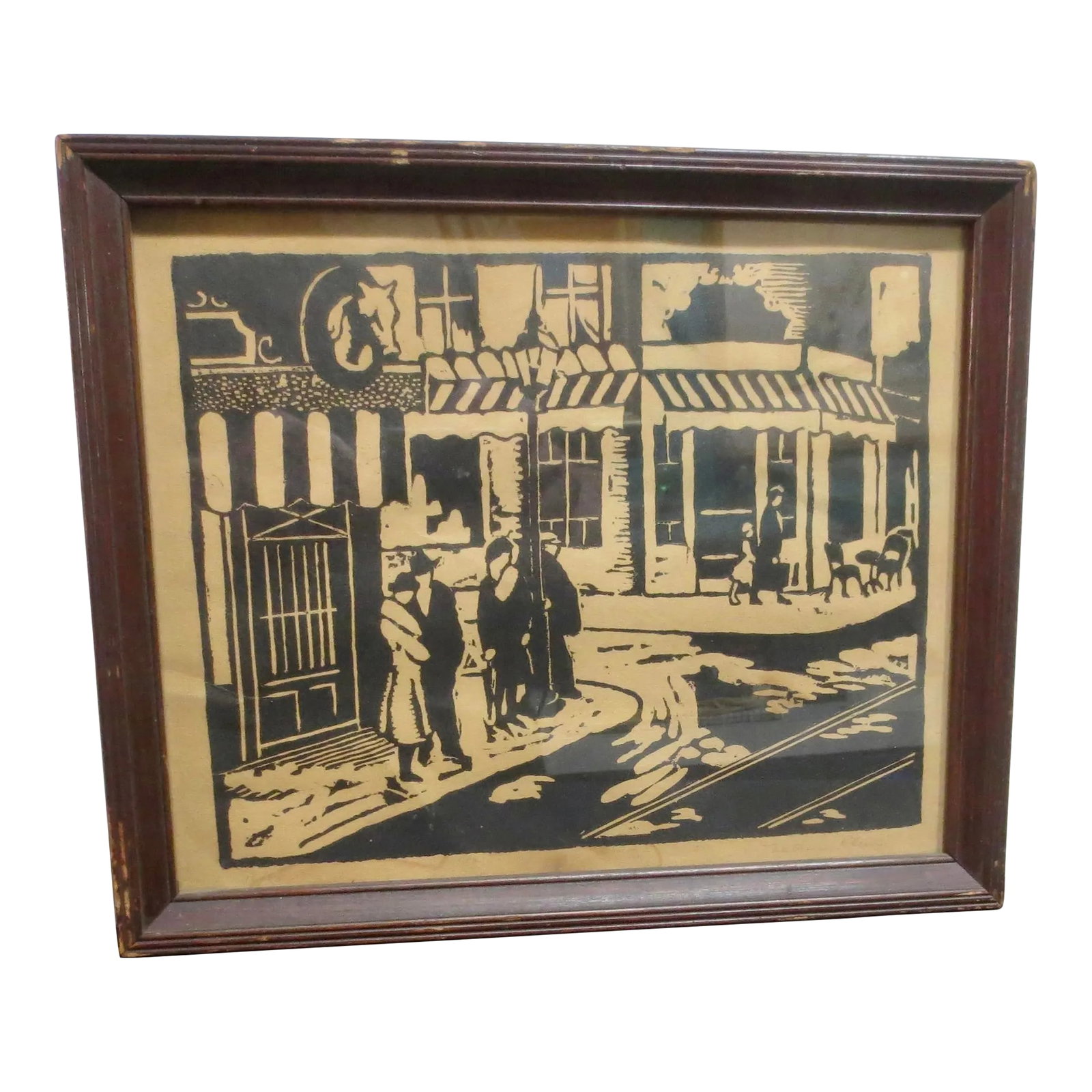 WoodBlock Print Circa 1930s Nathan Klein: A fine block print on brown paper, circa 30s. Signed in pencil, Nathan Klein, and numbered edition of 16/50. A single color print of black on brown paper. Interesting Urban street scene of couples on