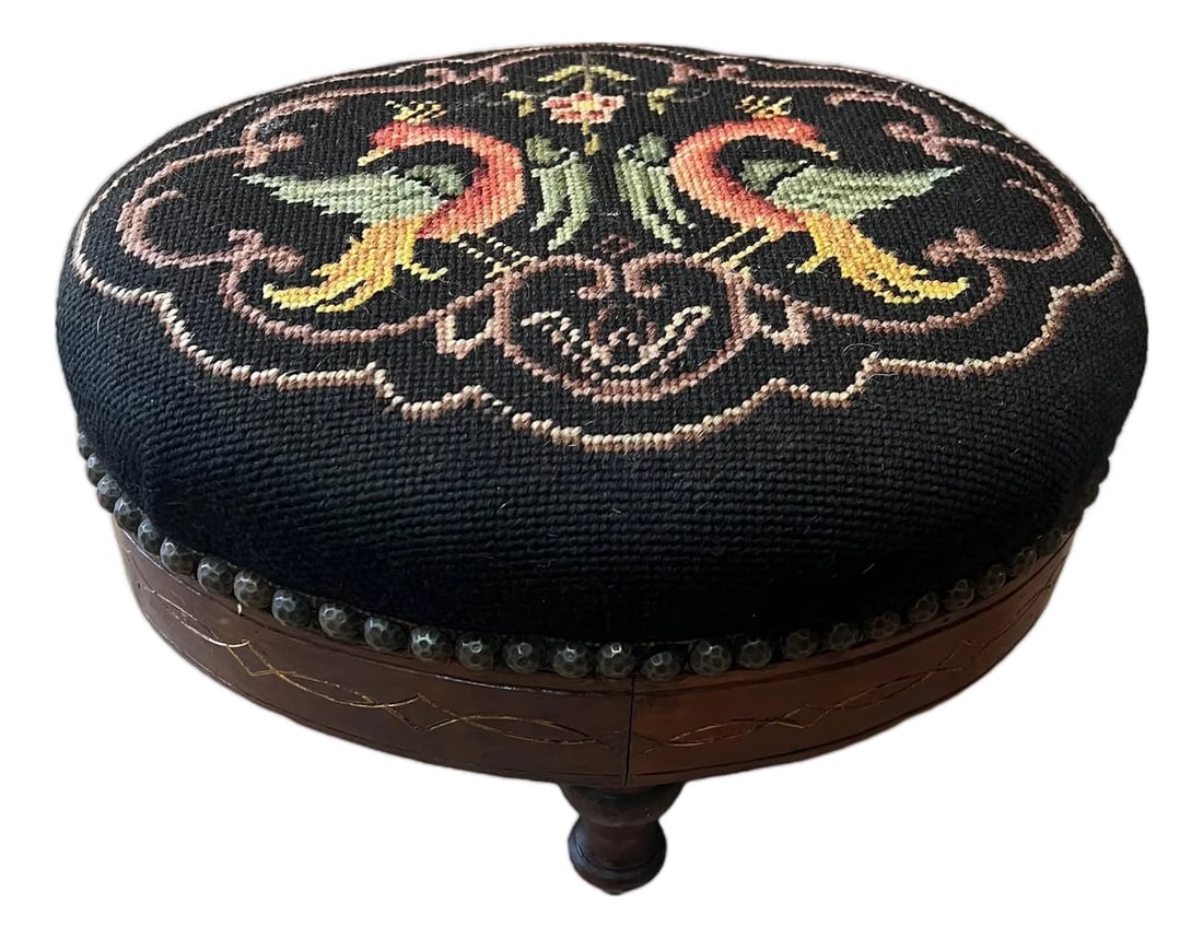 French Needlepoint 19th Century Footstool Rare Phoenix Bird Motif: Gorgeous Petite 19th century French Needlepoint footstool with rare Bird Motif. This remains in original very good condition. MEASURES: 11" x 13" x 8" tall Condition: Alterations: Original Condition
