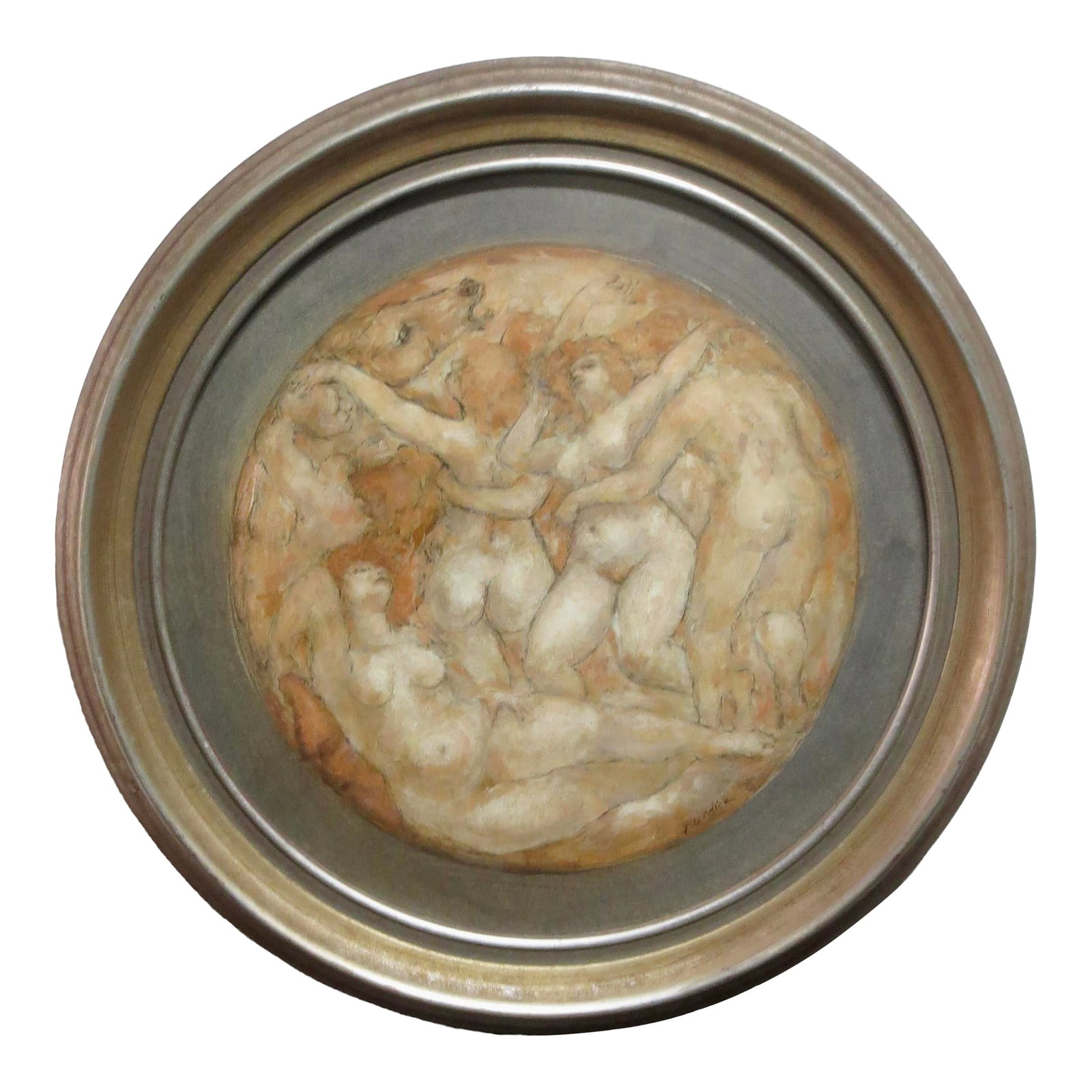 Painting by Charles Burdick Tondo Form Circa 2002: Charles Burdock American (1924-2016). A tondo painting of a bacanale with nudes and horses in a revelry. The color scheme is peach to apricot with pen line highlighting the forms. Signed Burdock to