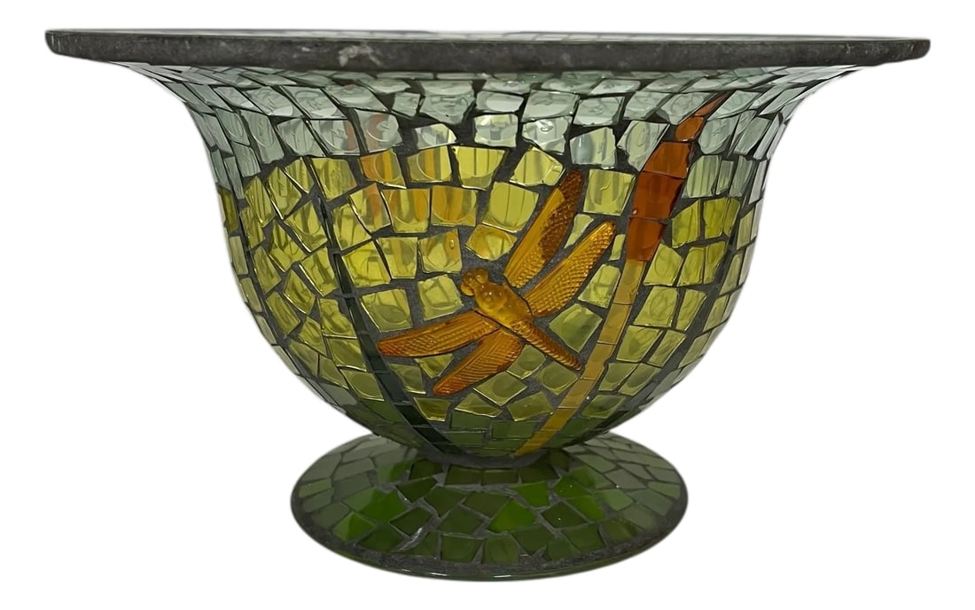 Vintage Handmade Mosaic Blue Green Dragonfly Glass Center Bowl (1 of 6)