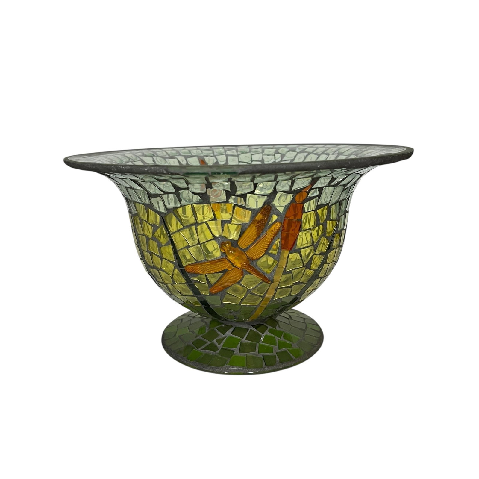 Vintage Handmade Mosaic Blue Green Dragonfly Glass Center Bowl - 3