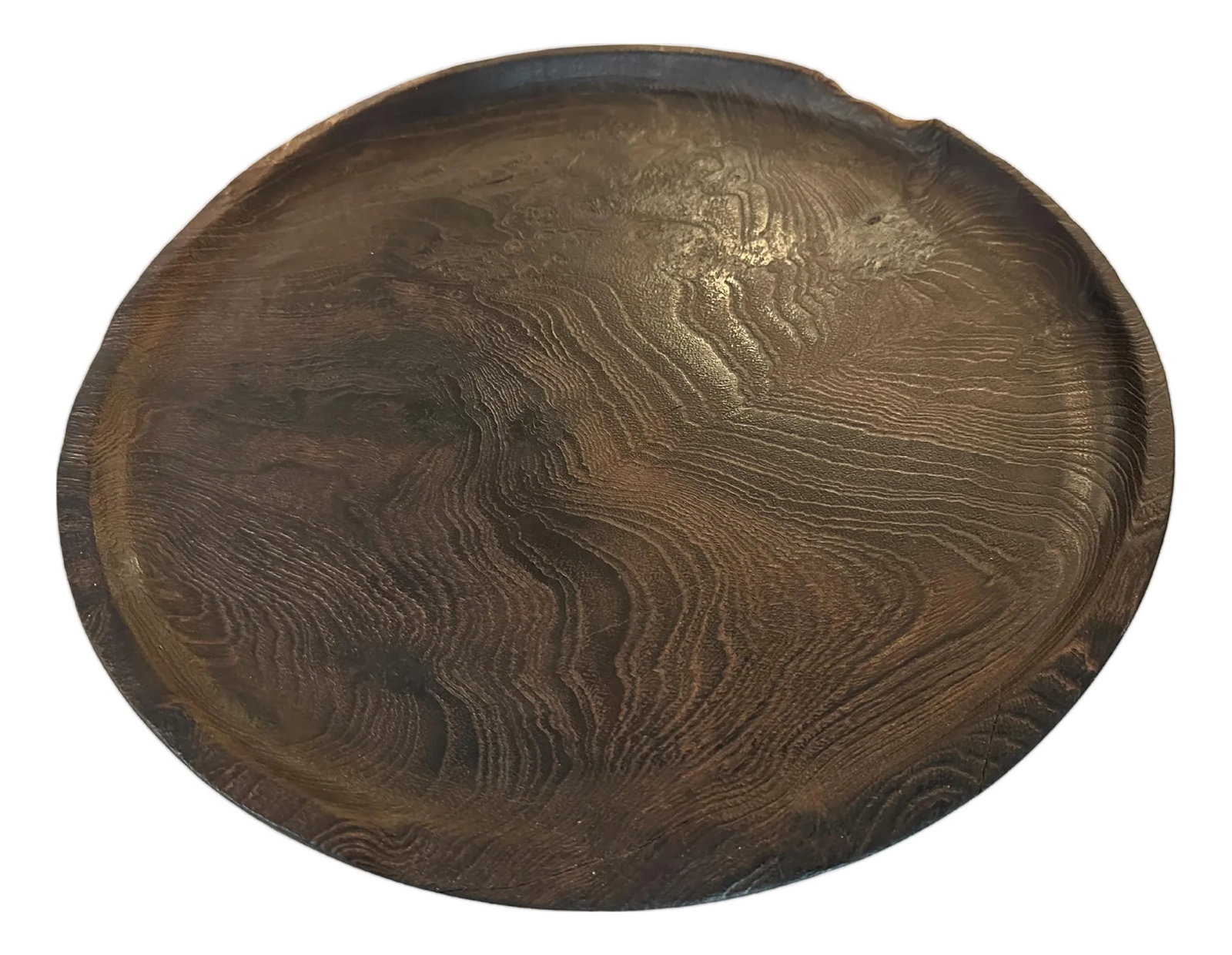 Andrianna Shamaris Minimalist Charred Teak Wood Shallow Platter: Beautiful wood grain in this minimalist shallow platter. This platter was hand made from a single piece of teak wood in the spirit of Wabi-Sabi, a Japanese philosophy that beauty can be found in