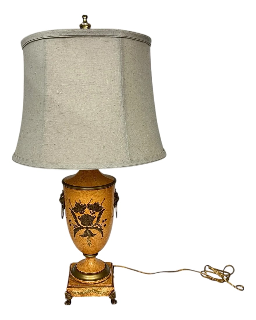 Vintage Made in Italy Urn Style Lamp, Footed Base Lions Head Knockers, Linen Shade (1 of 10)