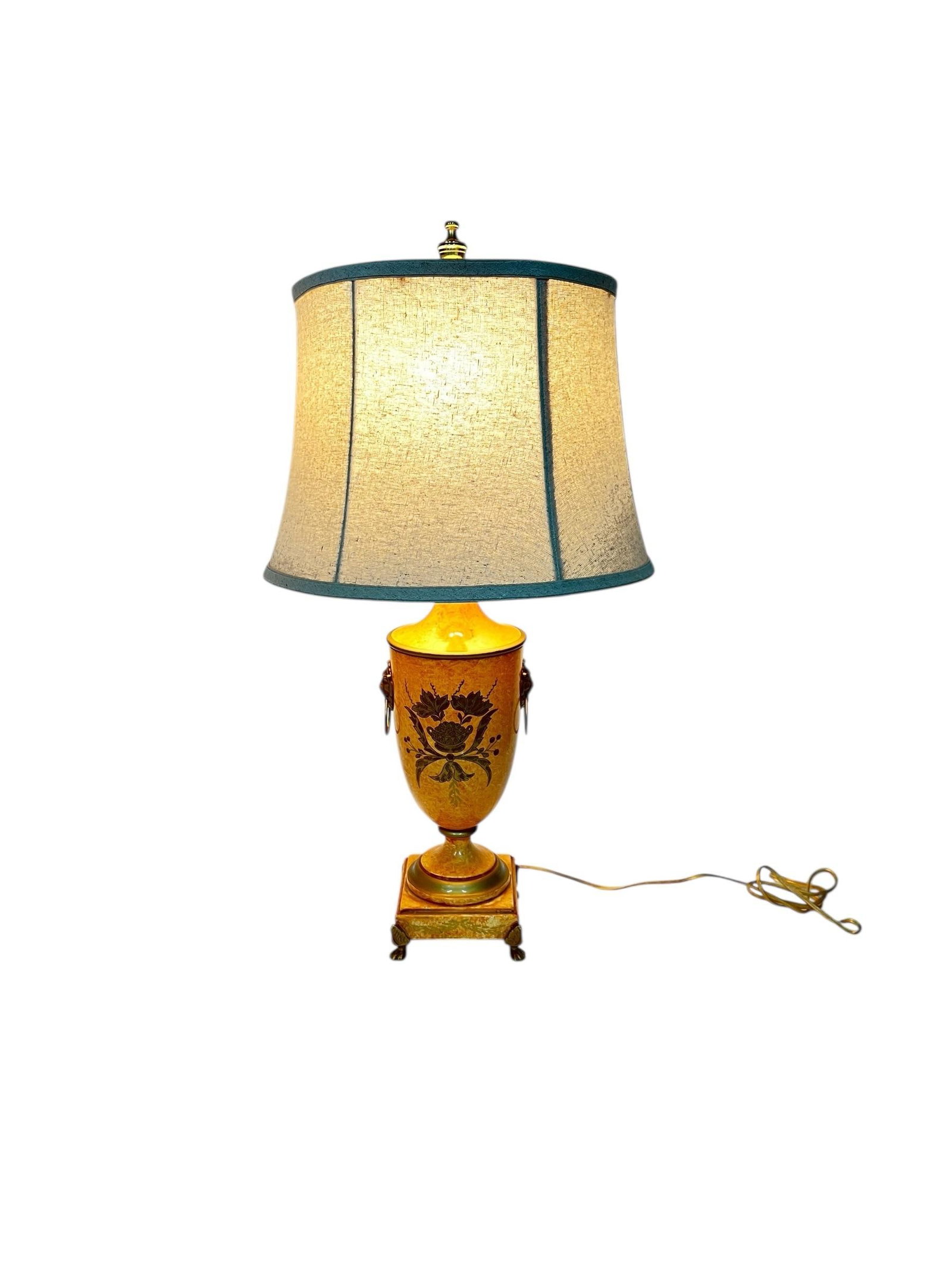 Vintage Made in Italy Urn Style Lamp, Footed Base Lions Head Knockers, Linen Shade - 2