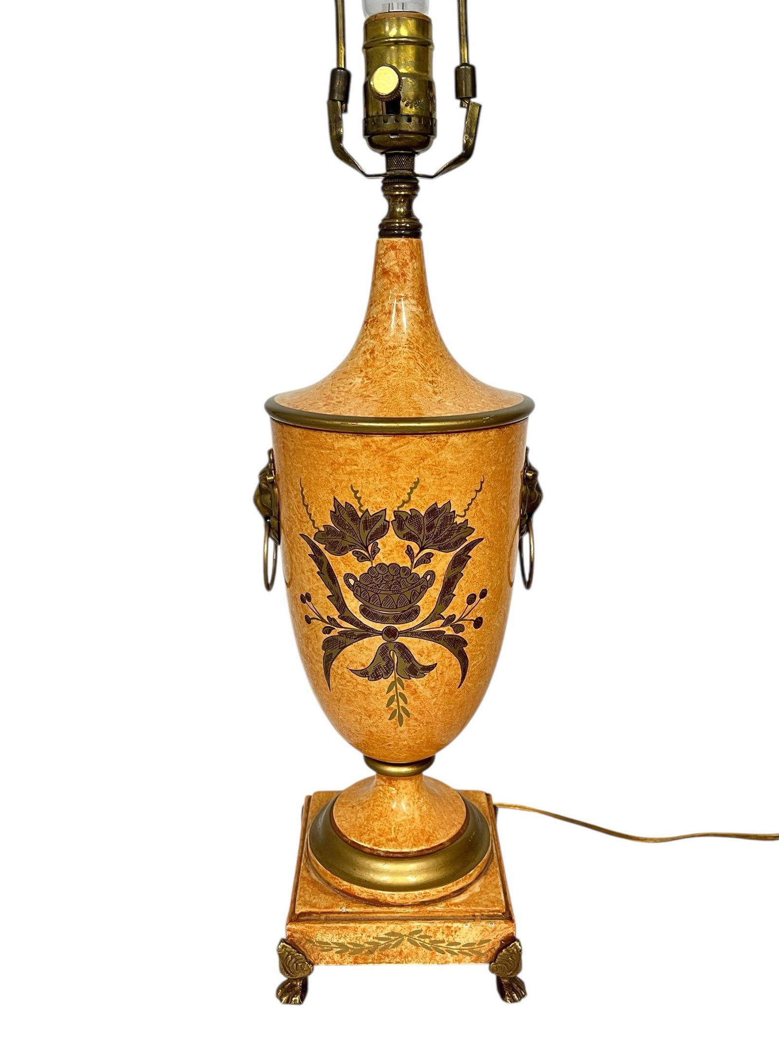 Vintage Made in Italy Urn Style Lamp, Footed Base Lions Head Knockers, Linen Shade - 3