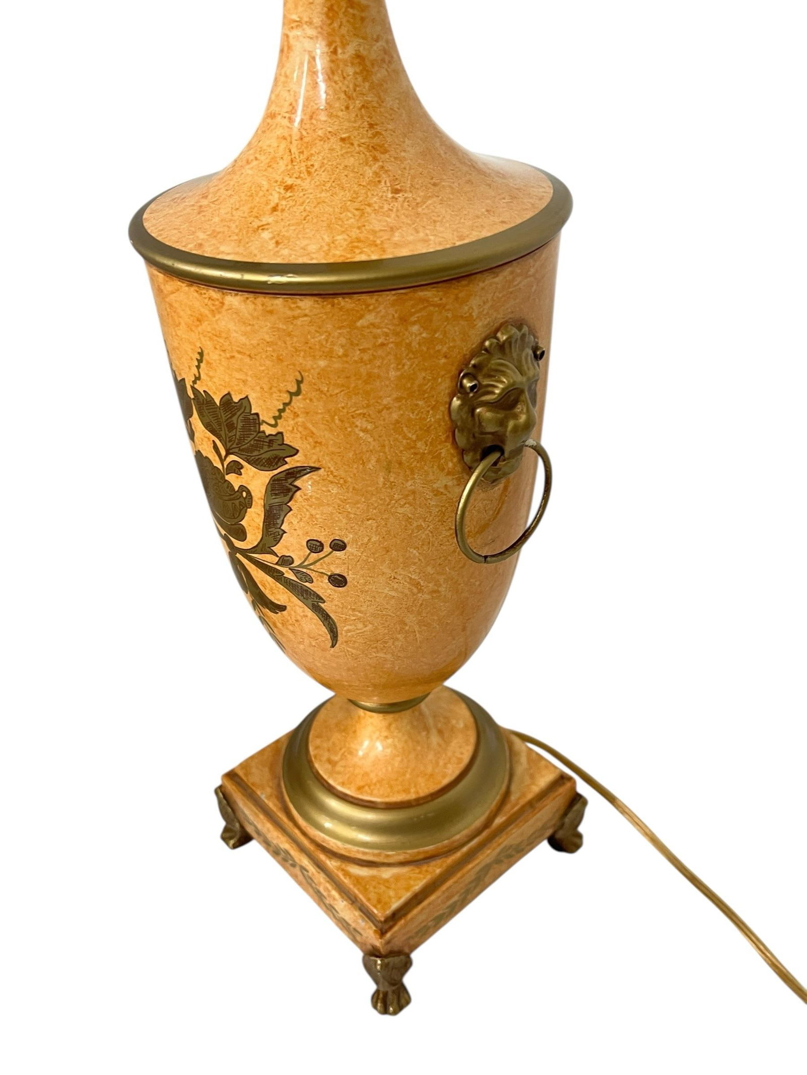 Vintage Made in Italy Urn Style Lamp, Footed Base Lions Head Knockers, Linen Shade - 5