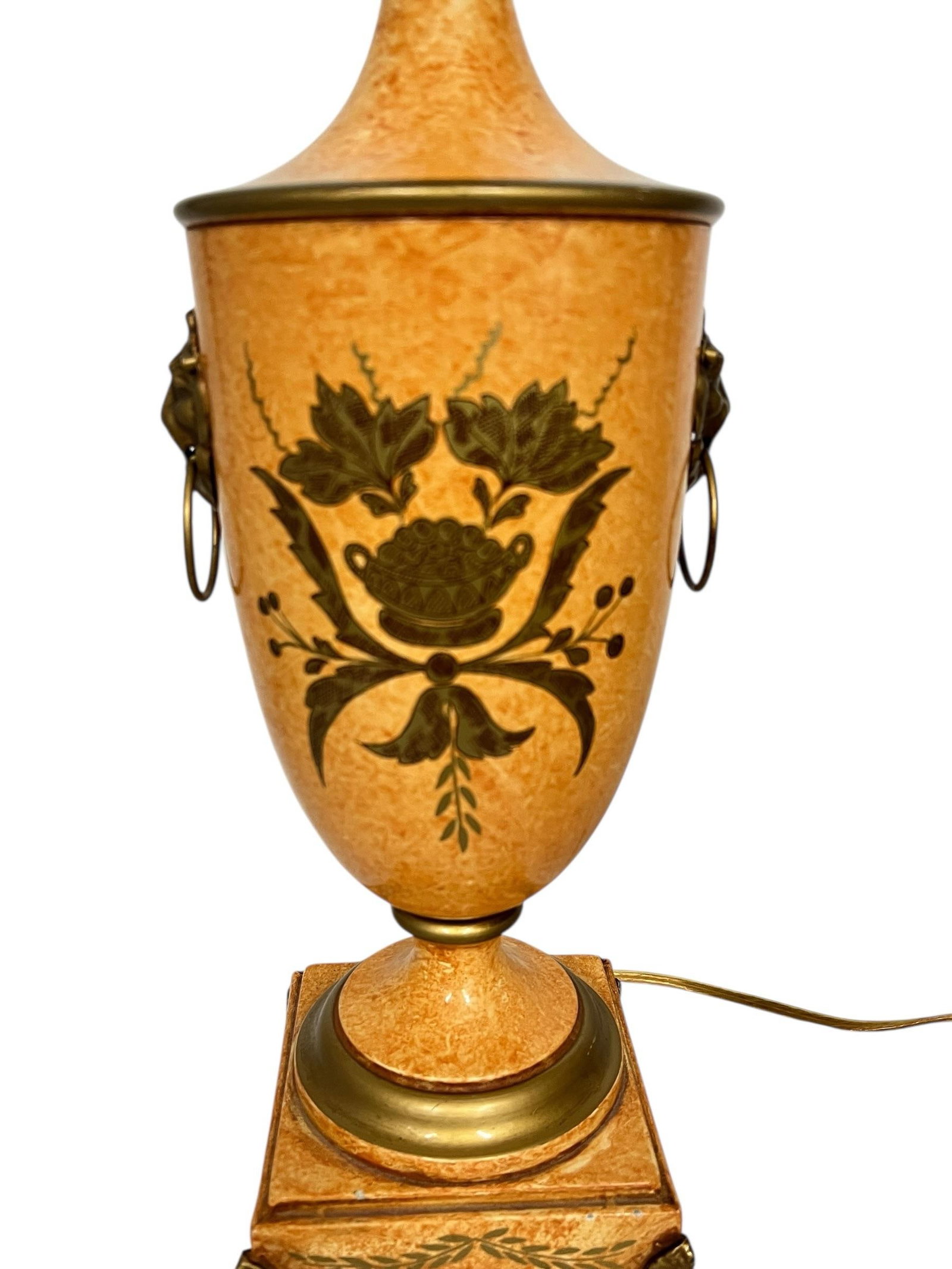 Vintage Made in Italy Urn Style Lamp, Footed Base Lions Head Knockers, Linen Shade - 6